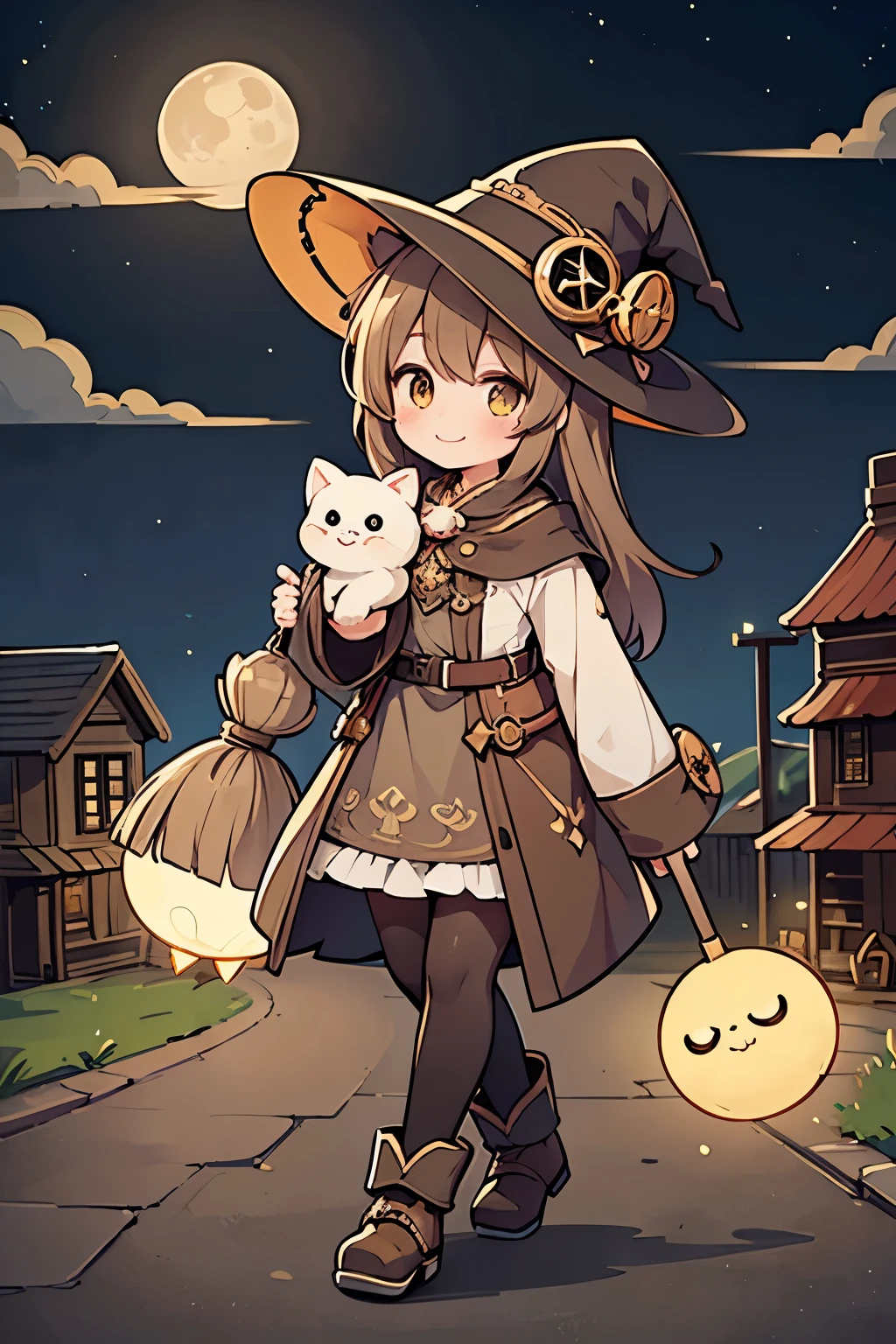 (Highest quality:1.2)。steampunkai。One Girl。 cute witch。long light brown fluffy hair。Carry a broom on your shoulder。Smiling smile。Walking around town at night。The big moon is watching over me kindly。