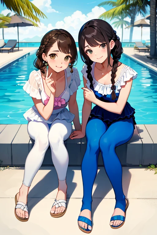 masterpiece, (realistic, photo realistic:1.2), ((highest quality), extremely fine and beautiful, beautiful face details, real human skin, realistic, photorealistic, 2girls, smile on face, cow-boy shot, Hair braided. School swimsuit, tiny breasts, Naughty thighs, wind