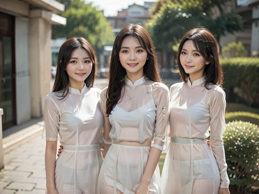 Ao Dai,Highest quality, masterpiece, Ultra-high resolution, (realism: 1.4), Original photo, (Realistic skin texture: 1.3),Vietnam,Three women standing together facing forward, Graduation photo,  family, Wear your degree uniform, graduate student, Photo taken in 2023, happy,Beautiful face and eyes,(See-through:1.7),(Ao Daiの下のブラジャー:0.3)