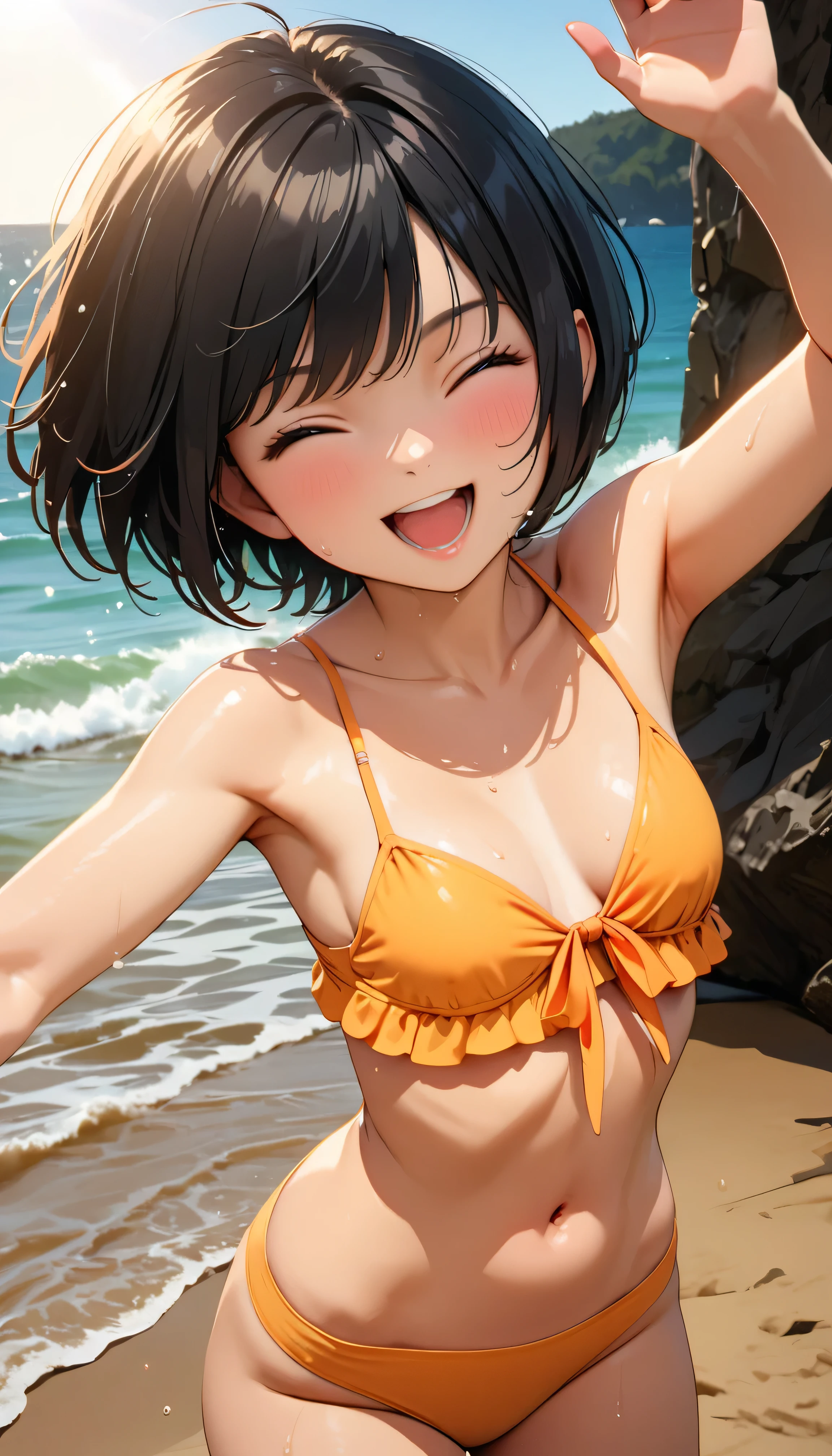 (Highest quality:1.2, Very detailed, up to date, Vibrant, masterpiece:1.2, Highest quality, Best aesthetics), big smile, ((Face Up Shot:1.4)), 1980s style, 8k Ultra HD, Background Blur, One Woman, Woman in bikini, Strong sunlight, Seaside, sunny, Summer sunshine, Wet Skin, Sandy Beach, Dynamic Angle, dynamic, Get excited,low length, Bobcut, very young, flat chested, Dynamic pose, Black Hair, open mouth