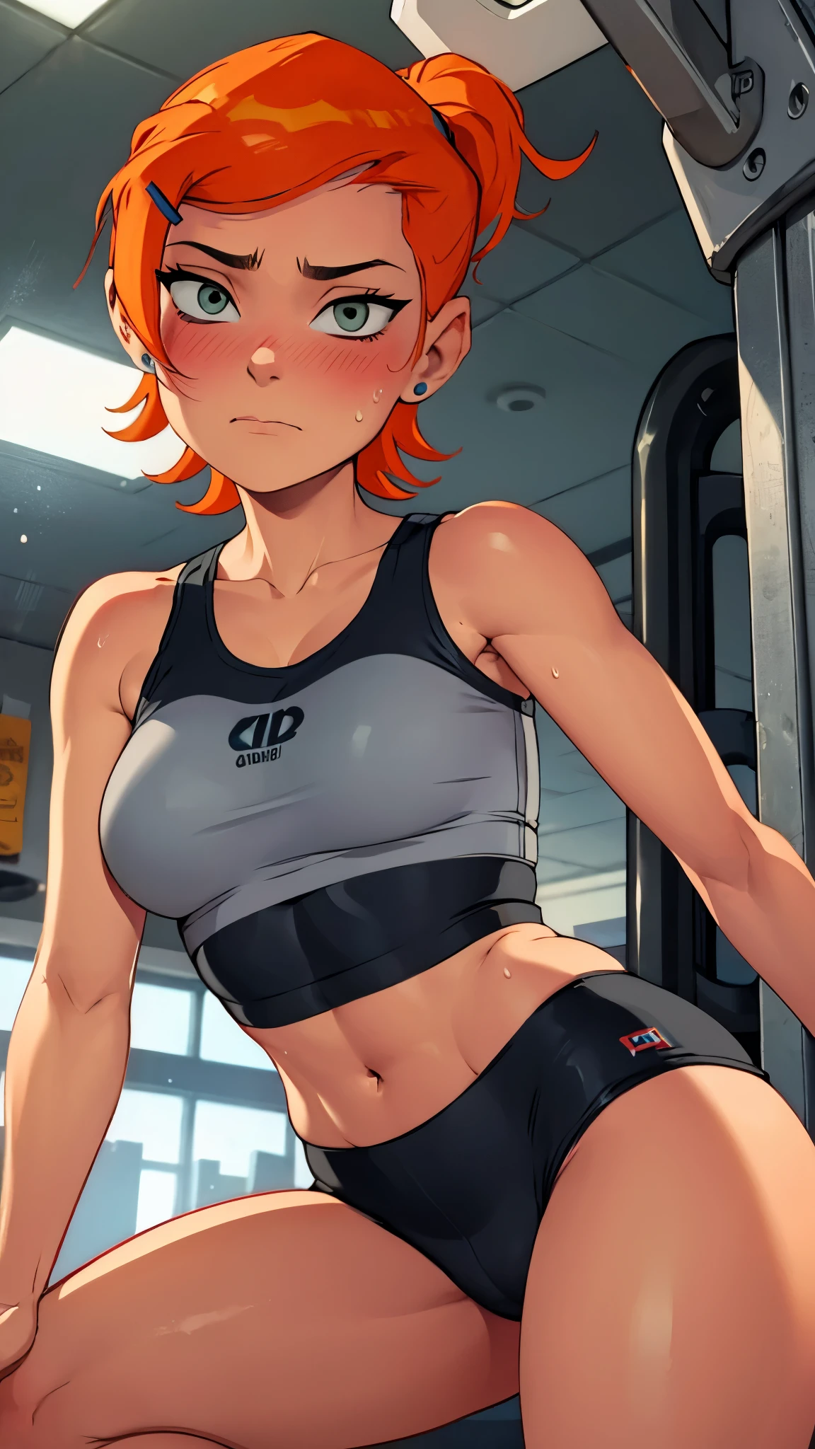 Gwen tennyson, at gym, sweaty, working out, large butt, cleavage, grey workout clothes, sports bra, sports shorts, blush