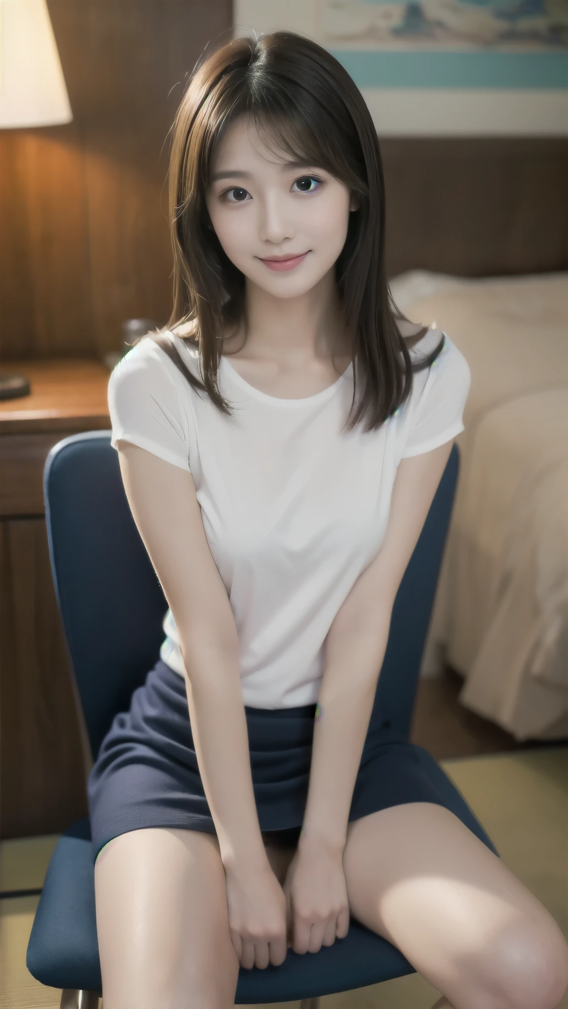 8k, Highest quality, Realistic, masterpiece, beautiful, insanely detailed, Absurd, Japanese women, Age 27, Well-balanced proportions, Light brown hair, Shiny Hair, Straight Hair, Delicate hair, Precise and beautiful eyes, A seductive smile , Model body type, Navy short sleeve mini dress, Japanese Room , ((( Sit correctly in a chair with your knees together and facing forward , White panties are visible between her legs and skirt))) , Viewer&#39;s view from directly below, Anatomically correct body, whole body,

