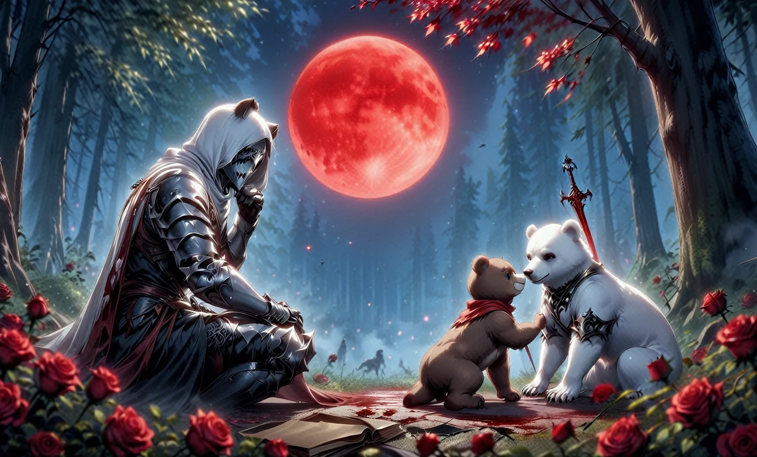 Male knight with a white hood with polar bear ears and a sword behind his back sits towards a baby polar bear and a baby brown bear in a forest his head leans against a tree his legs are angled forward while the moon shines, many Roses cover the ground and lightning falls from the sky. The baby polar bear plays with the baby brown bear while the knight enjoys watching them. Only the man wears a red blindfold. In the background of the picture is the blood moon and a tree has fallen down in the path. The forest is full of trees with leaves. The armor of the man is black and red roses decorate it. The sky is full of stars. The knight looks thoughtful into the sky. The polar bear baby wears a red scarf. The knight sits on a staple of books.