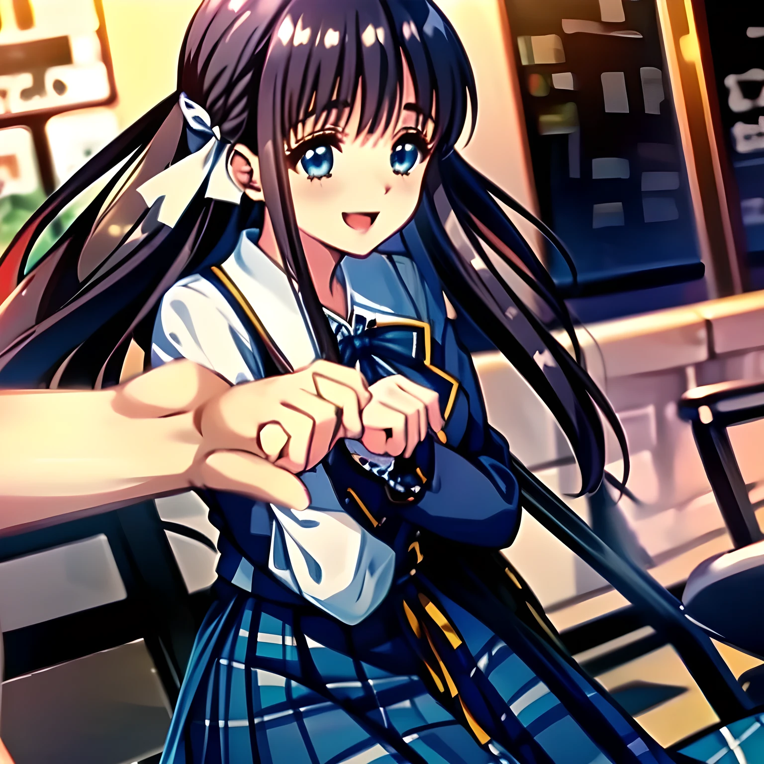 (highest quality, masterpiece, Full HD, High definition: 1.2), (Japanese Game CG art of beautiful giggling seated girl, charming me: 1.3), (Just one very beautiful date-game heroine who is looking and laughing at me, Very detailed cute **** heroine's eyes and face, Beautiful giggling eyes with detailed: 1.0), (Girl whom everyone loves because of her beauty and lovely fashion and noble manner. : 1.0), (Very beautiful, wavy, cutely shining super-super-long blue hair, with elegant hair ribbons, spreading on whole the screen: 1.0), (Laughing very beautiful and lovely sapphire-blue intelligent eyes which charms and enslave me inevitably, with clearly detailed: 1.4), (Eyes are clearly detailed), (very long eyelashes: 1.0), (Noble black neat sailor-styled formal school uniform with a noble expensive ribbon on the chest: 1.0), (Charming neat blue & navy tartan-checkered pleated long school skirt: 1.5), (Soprano singer of classic music: 1.0), (Can't stop giggling: 1.6), Clear skin, (Glossy Lovely noble atmosphere), (Pink wall paper background with white flower marks)