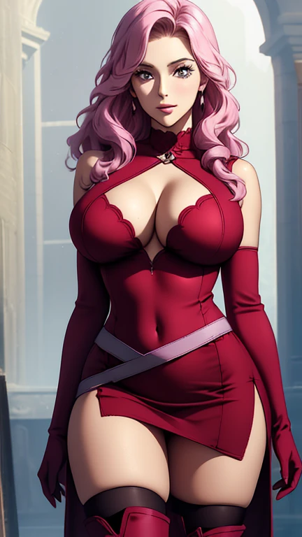 a tall woman with a voluptuous body. She has long wavy pink hair and full lips., She wears a thin top, sleeveless, red-violet and miniskirt with gloves of the same color. The design of the top allows her to show off much of her torso, where it is only connected at one point around your navel region, with a V-shaped opening. The cups that hold your breasts have curved edges. Her miniskirt is too short and only covers her buttocks. She also wears dark gray stockings and straps under her boots.. Her red and violet thigh-high boots are tight and split., creating a V shape. Por fim, she wears a red-violet witch&#39;s hat. The hat also has a purple ribbon around its circumference with an intricately designed pin attached to it., and a very wide strap


