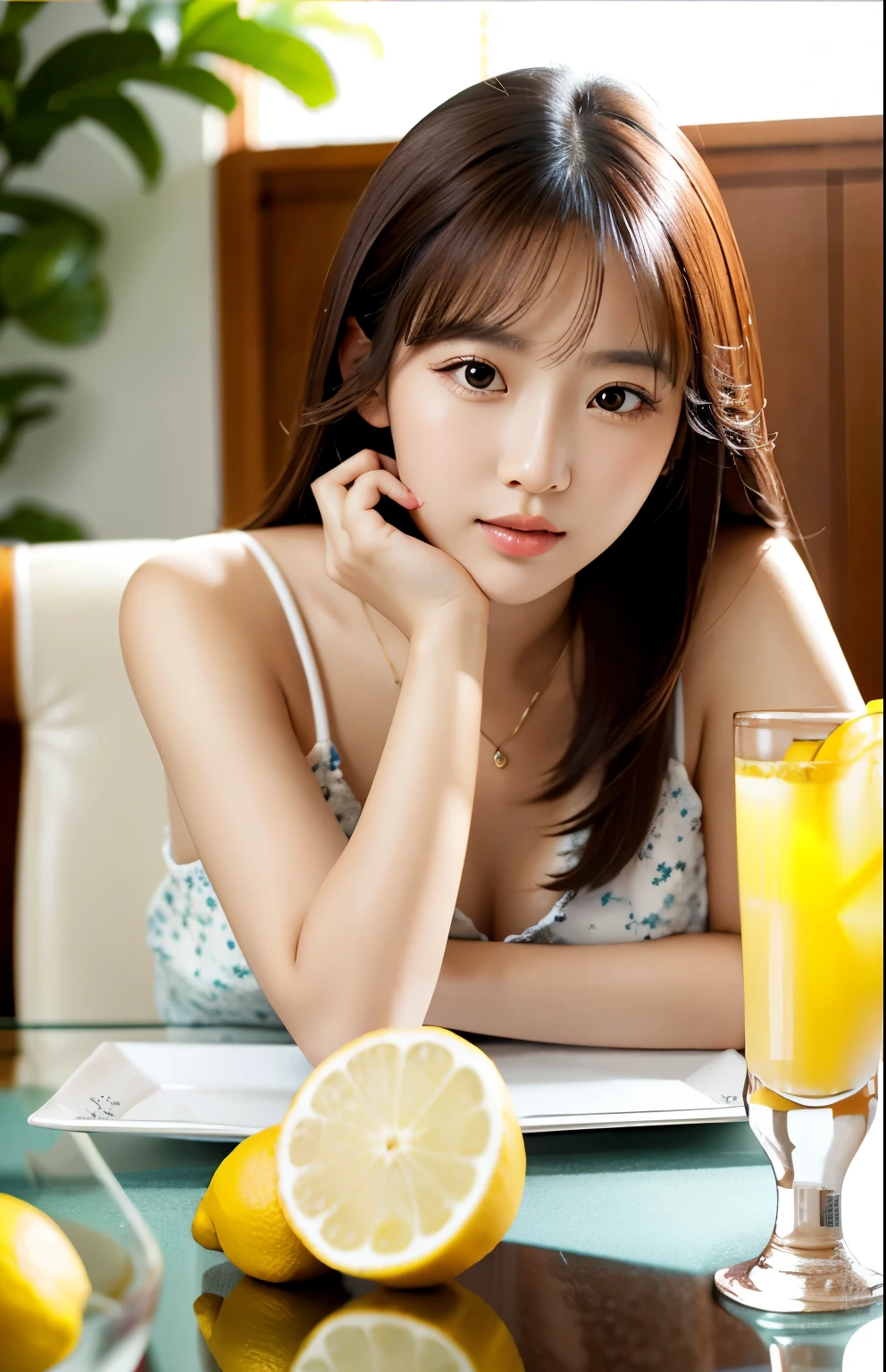 realistic photo of a beautiful Korean girl, sitting on a glass glass containing lemon tea decorated with lemon slices, behind the glass glass on the table. real skin texture.