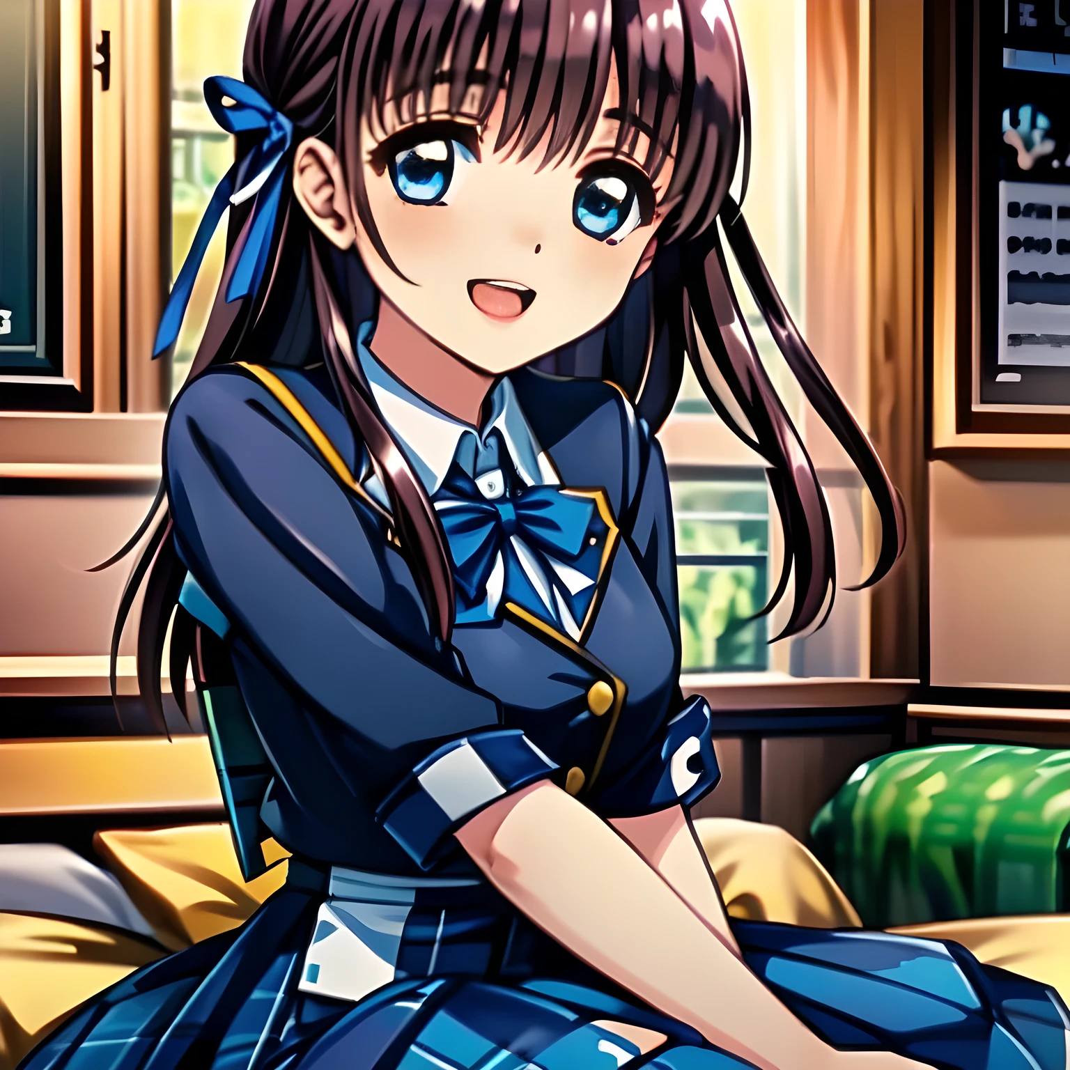 (highest quality, masterpiece, Full HD, High definition: 1.2), (Japanese Game CG art of beautiful giggling seated girl, charming me: 1.3), (Just one very beautiful date-game heroine who is looking and laughing at me, Very detailed cute yo heroine's eyes and face, Beautiful giggling eyes with detailed: 1.0), (Girl whom everyone loves because of her beauty and lovely fashion and noble manner. : 1.0), (Very beautiful, wavy, cutely shining super-super-long blue hair, with elegant hair ribbons, spreading on whole the screen: 1.0), (Laughing very beautiful and lovely sapphire-blue intelligent eyes which charms and enslave me inevitably, with clearly detailed: 1.4), (Eyes are clearly detailed), (very long eyelashes: 1.0), (Noble black neat sailor-styled formal school uniform with a noble expensive ribbon on the chest: 1.0), (Charming neat blue & navy tartan-checkered pleated long school skirt: 1.5), (Soprano singer of classic music: 1.0), (Can't stop giggling: 1.6), Clear skin, (Glossy Lovely noble atmosphere), (Nothing but pink-wall-paper background with white-flower-marks: 0.8)