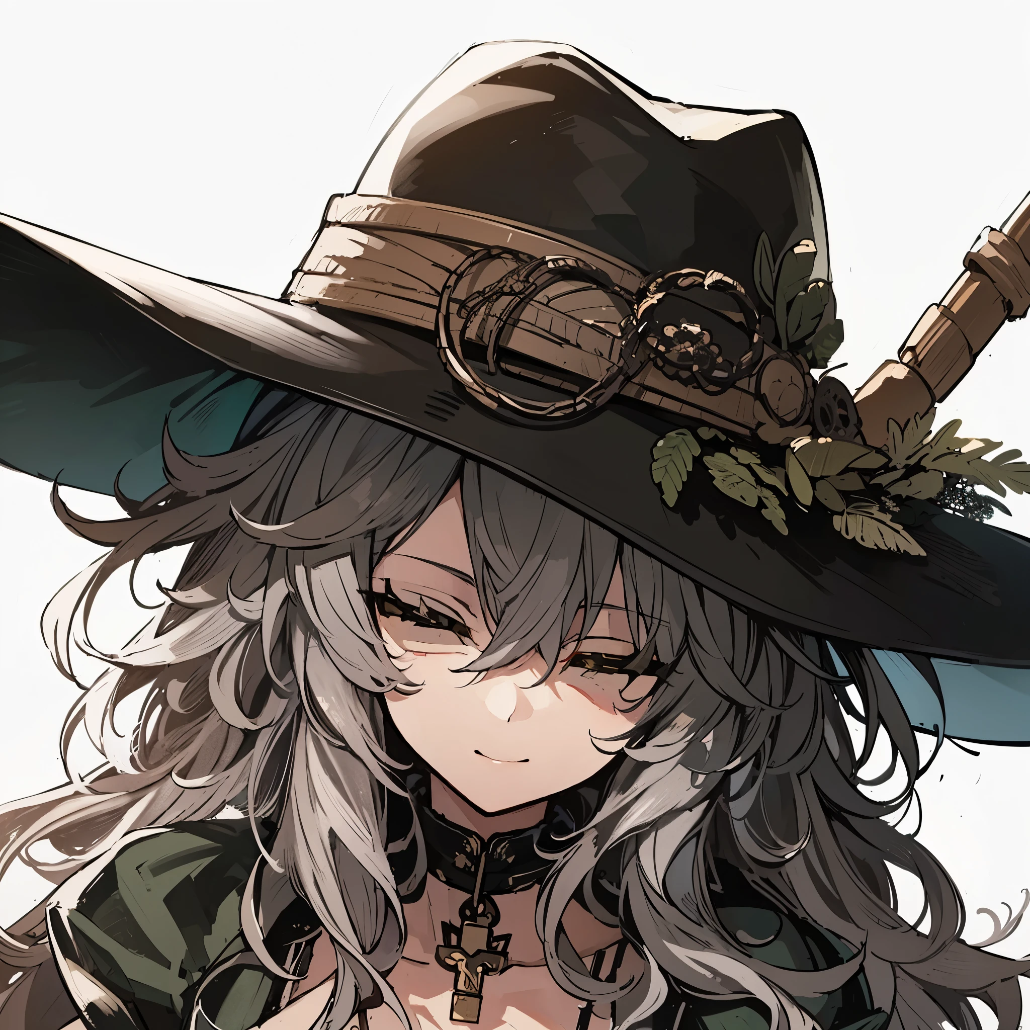 (Masterpiece, Top Quality), (Fine Hair), Ultra-Detailed, Anime like illustration Style, Solo, she is a fantasy wanderer-style vagrant girl, head on black-green wide brim hat, ash-grey curly hair, smiling closed eyes, narrow eyes. sleepy standing, black-green jacket, body fit full suits, White background, 