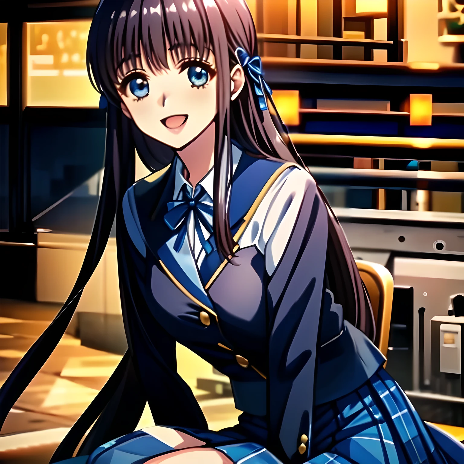 (highest quality, masterpiece, Full HD, High definition: 1.2), (Japanese Game CG art of beautiful giggling seated girl, charming me: 1.3), (Just one very beautiful date-game heroine who is looking and laughing at me, Very detailed cute yo heroine's eyes and face, Beautiful giggling eyes with detailed: 1.0), (Girl whom everyone loves because of her beauty and lovely fashion and noble manner. : 1.0), (Very beautiful, wavy, cutely shining super-super-long blue hair, with elegant hair ribbons, spreading on whole the screen: 1.0), (Laughing very beautiful and lovely sapphire-blue intelligent eyes which charms and enslave me inevitably, with clearly detailed: 1.4), (Eyes are clearly detailed), (very long eyelashes: 1.0), (Noble black neat sailor-styled formal school uniform with a noble expensive ribbon on the chest: 1.0), (Charming neat blue & navy tartan-checkered pleated long school skirt: 1.5), (Soprano singer of classic music: 1.0), (Can't stop giggling: 1.6), Clear skin, (Glossy Lovely noble atmosphere), (Nothing but pink-wall-paper background with white-flower-marks: 0.8)