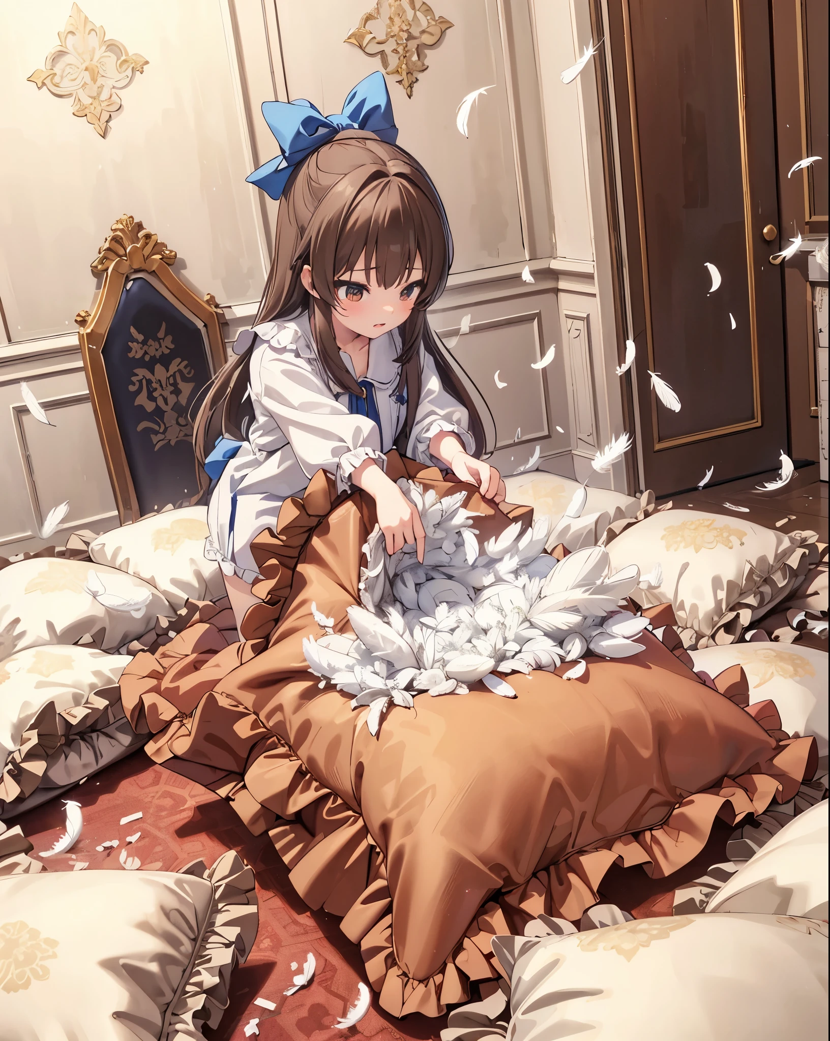 (best quality， masterpiece) , details, (Light and shadow oxtail) , Cute girl posing on pillow ，Pillow, Upholstered，Soft pillow，（Pillow），The love surrounding the protagonist，steam，(Luxury Pillow），（Gorgeous pattern pillow），luxurious pillow, standing,（Love around the protagonist），（pillow）, frilled pillow   , 1 pillow, standing on a top of pillow, on pillow, big pillow, fluffy pillow, pillow damage, stomping pillow, stomping, pillow on floor, stepping on pillow, posing on top pillow, full body, pillow on floor, (((feathers))), pillow destroy, ripping pillow, tearing pillow in half, feathers everywhere, cotton, stuffing pillow, tachibana_arisu_theidolmastercinderellagirlsu149, brown_hair, long_hair, brown_eyes, bow, hair_bow, blue_bow, bangs