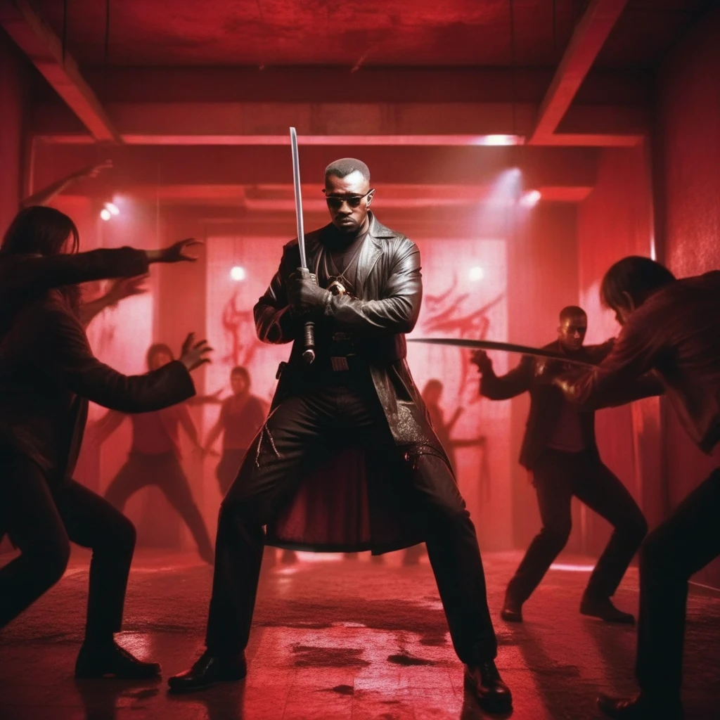 a man holds a katana, fightposes in a nightclub, multicolorlights ambience, bloodsplashes, surrounded by vampires 