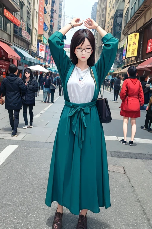 Highest quality、masterpiece、High sensitivity、High resolution、Detailed Description、Slender women、Glasses、Stretching oneself、With open arms、Pedestrian precinct、