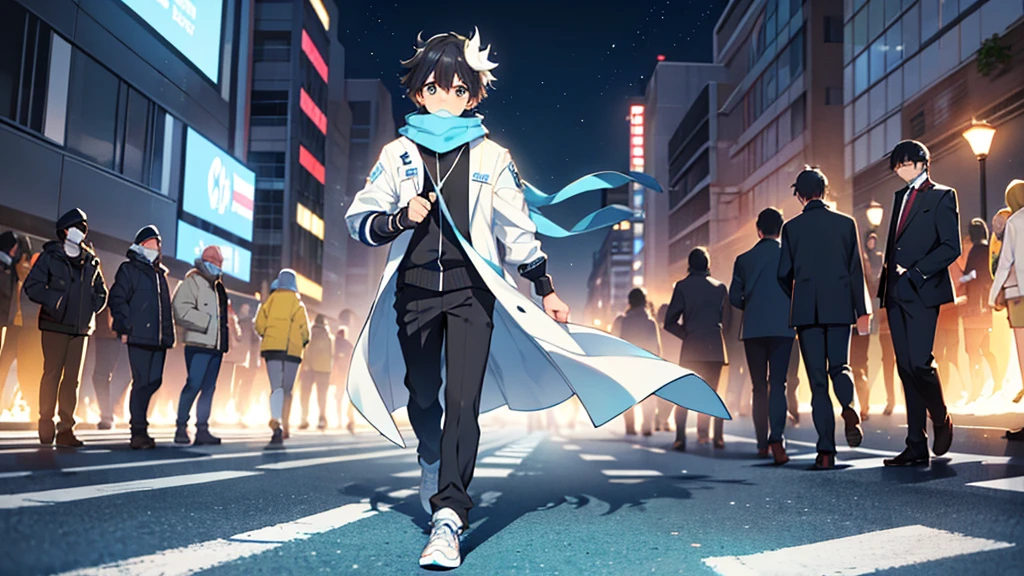 Highest quality、Highest quality、male、juvenile、Black Hair、Walking down the street、Wearing a light blue mask on his head、The finish line of the road is shining white、whole body、anime