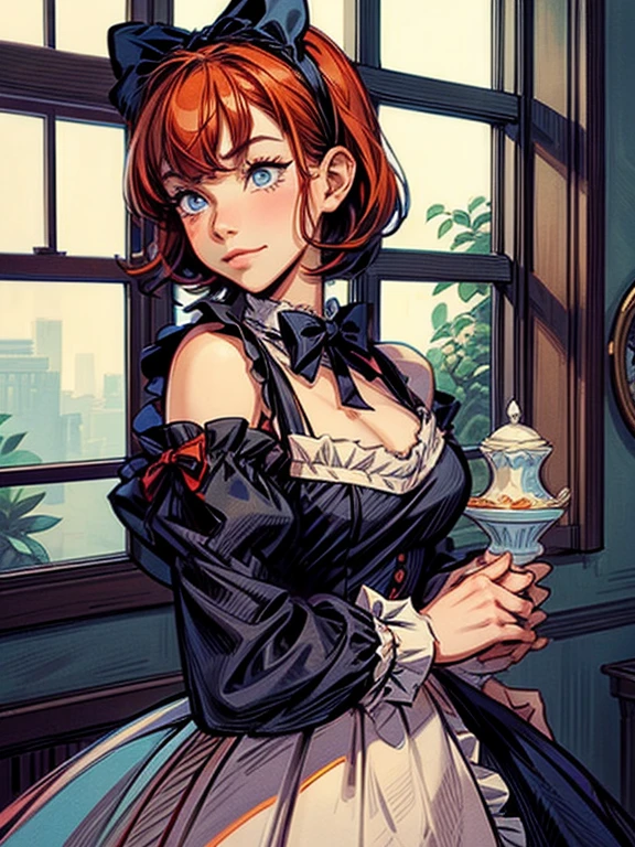 masterpiece,best quality,anime,(2d:1.2),indoors, ,  1girl, roswaal mansion maid uniform, solo, maid, cyan blue eyes, short hair,bow hairband, hair between eyes, detached sleeves, looking at viewer, red hairband,ribbon, bangs, looking back, bow, orange hair,red ribbon, black sleeves, window, long sleeves, apron, white bow, frills,ribbon trim,light smile, own hands together,