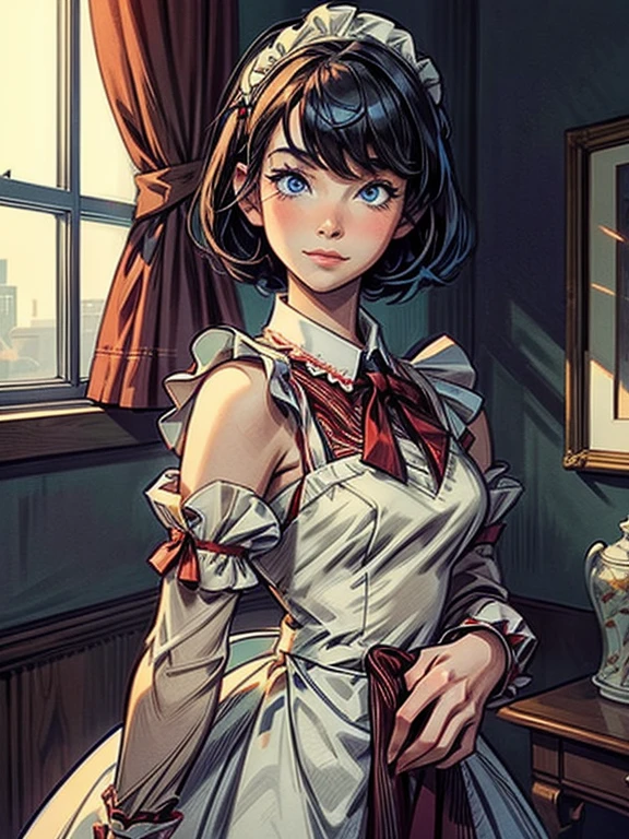 masterpiece,best quality,anime,(2d:1.2),indoors, ,  1girl, roswaal mansion maid uniform, solo, maid, cyan blue eyes, short hair,bow hairband, hair between eyes, detached sleeves, looking at viewer, red hairband,ribbon, bangs, looking back, bow, orange hair,red ribbon, black sleeves, window, long sleeves, apron, white bow, frills,ribbon trim,light smile, own hands together,