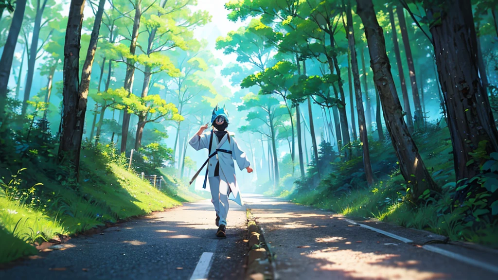 Highest quality、Highest quality、male、juvenile、Black Hair、Walking along a path in the forest、Wearing a light blue mask on his head、The finish line of the road is shining white、whole body、anime