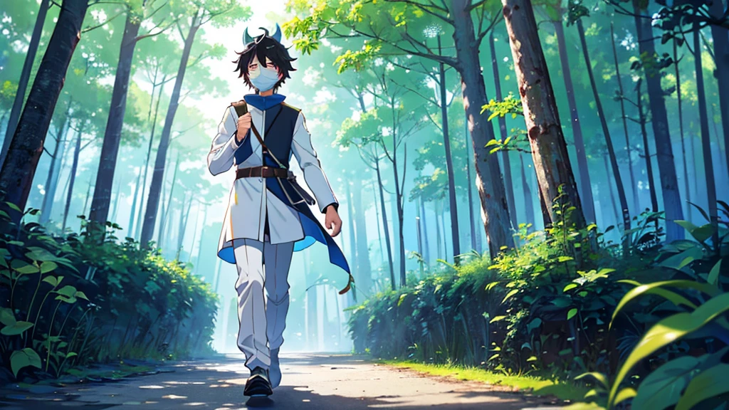 Highest quality、Highest quality、male、juvenile、Black Hair、Walking along a path in the forest、Wearing a light blue mask on his head、The finish line of the road is shining white、whole body、anime