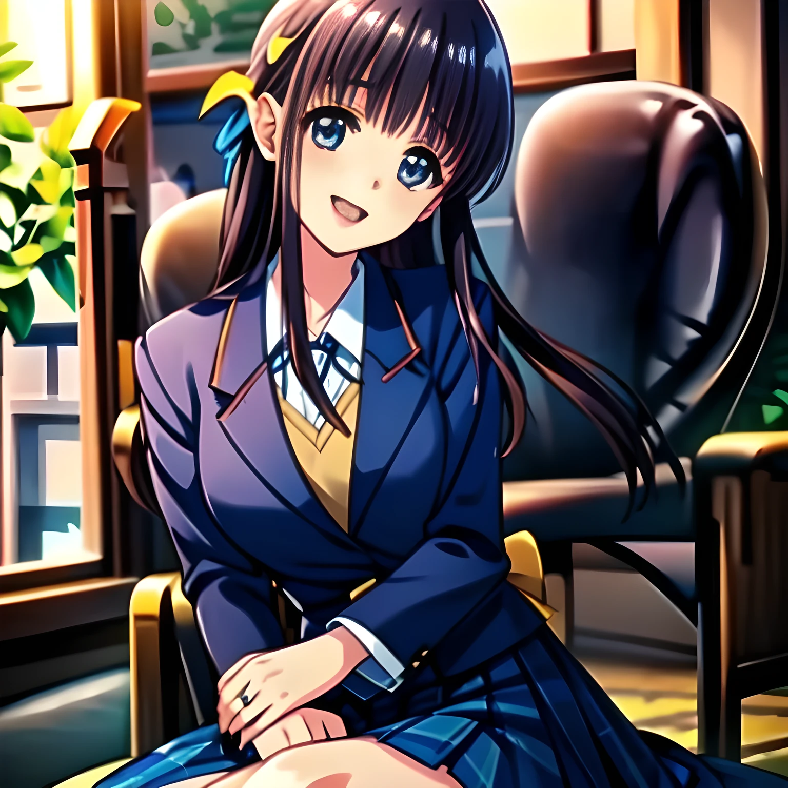 (highest quality, masterpiece, Full HD, High definition: 1.2), (Japanese Game CG art of beautiful giggling seated girl, charming me: 1.3), (Just one very beautiful date-game heroine who is looking and laughing at me, Very detailed cute **** heroine's eyes and face, Beautiful giggling eyes with detailed: 1.0), (Girl whom everyone loves because of her beauty and lovely fashion and noble manner. : 1.0), (Very beautiful, wavy, cutely shining super-super-long blue hair, with elegant hair ribbons, spreading on whole the screen: 1.0), (Laughing very beautiful and lovely sapphire-blue intelligent cute-succubus-eyes which charms and enslave me inevitably, with clearly detailed: 1.4), (Eyes are clearly detailed), (very long eyelashes: 1.0), (Noble black neat sailor-styled formal school uniform with a noble expensive ribbon on the chest: 1.0), (Charming neat blue & navy tartan-checkered pleated long school skirt: 1.5), (Soprano singer of classic music: 1.0), (Can't stop giggling: 1.6), Clear skin, (Glossy Lovely noble atmosphere), (Nothing but pink-wall-paper background with white-flower-marks: 0.8)