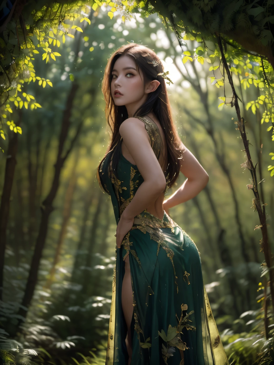 A dramatic Low angle shot of a female elf warrior, Hands on hips, Enchanted Forest中黄昏天空的映衬. This painting exudes an undeniable aura of power and beauty. (Low angle shot: 1.5), (Powerful pose: 1.4), (Enchanted Forest: 1.5), (Dusk silhouette: 1.3), (adventure: 1.4), (Fantasy World: 1.5).