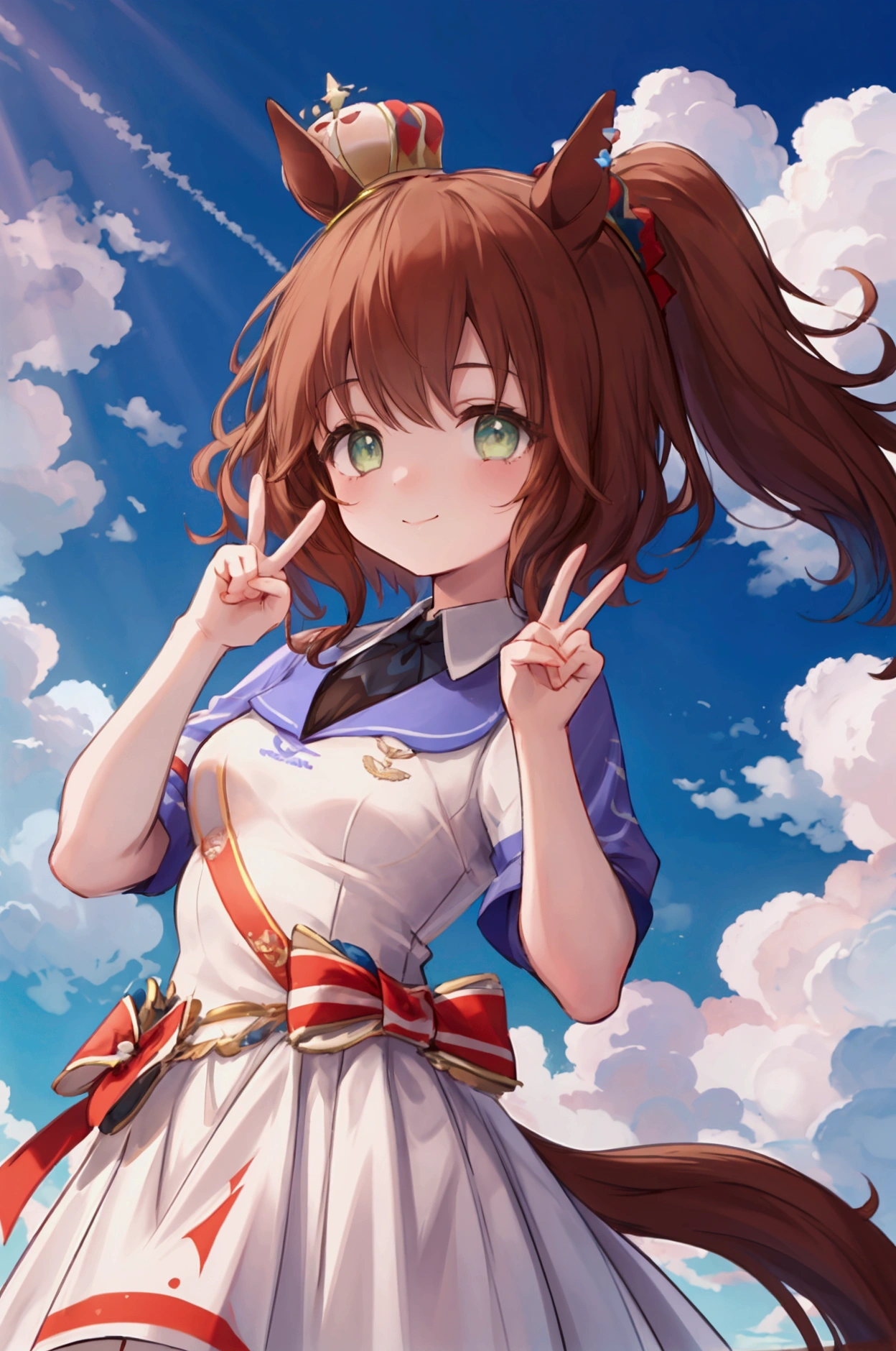 Girl、Aston Martin、front、Horse&#39;s ears、Horse tail、Small Crown、Competition clothes、Side Tail、smile、Double Peace、Cute pose、Jump、Blue sky background