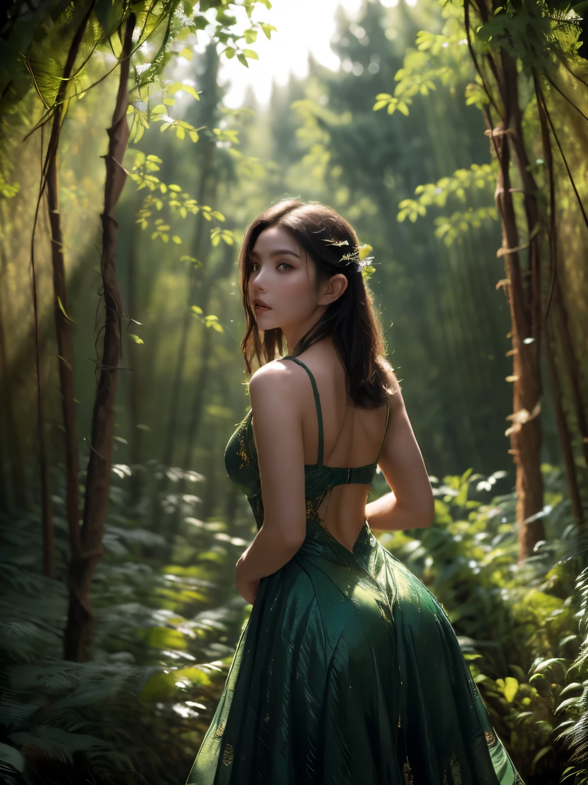 A dramatic Low angle shot of a female elf warrior, Hands on hips, Enchanted Forest中黄昏天空的映衬. This painting exudes an undeniable aura of power and beauty. (Low angle shot: 1.5), (Powerful pose: 1.4), (Enchanted Forest: 1.5), (Dusk silhouette: 1.3), (adventure: 1.4), (Fantasy World: 1.5).