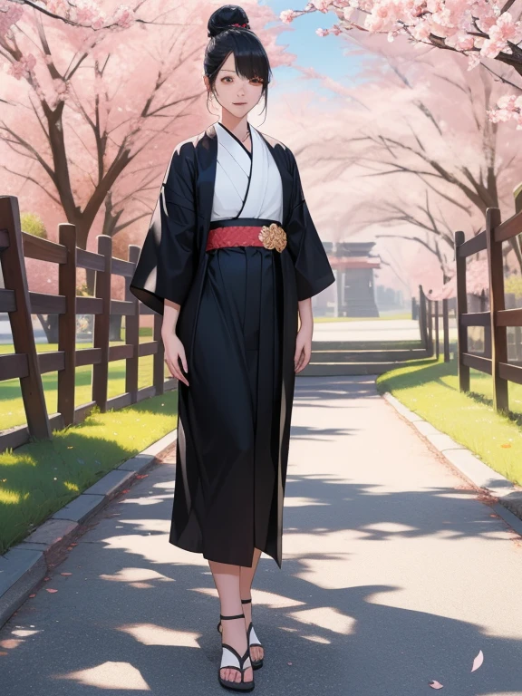 (Highest quality,4K,8k,高解picture度,masterpiece:1.2),Very detailed,(Realistic,photoRealistic,photo-Realistic:1.37), Two Girls, black kimono, Black legwear, black ribbon, Black Hair, cherry blossoms, Day, flower, Hair Bun, hair ribbon, kimono, kimono, Long Hair, View your viewers, Recall , Multiple Girls, belt, Outdoor, Red eyes, Redhead, ribbon, Sandals, Single Pan, stage, Are standing, picture, torii, wood, white kimono, Yellow Eyes