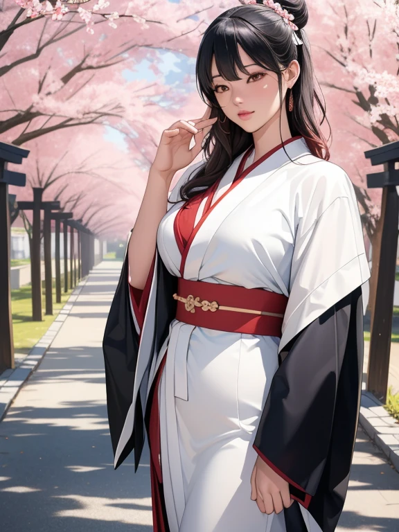 (Highest quality,4K,8k,高解picture度,masterpiece:1.2),Very detailed,(Realistic,photoRealistic,photo-Realistic:1.37), Two Girls, black kimono, Black legwear, black ribbon, Black Hair, cherry blossoms, Day, flower, Hair Bun, hair ribbon, kimono, kimono, Long Hair, View your viewers, Recall , Multiple Girls, belt, Outdoor, Red eyes, Redhead, ribbon, Sandals, Single Pan, stage, Are standing, picture, torii, wood, white kimono, Yellow Eyes