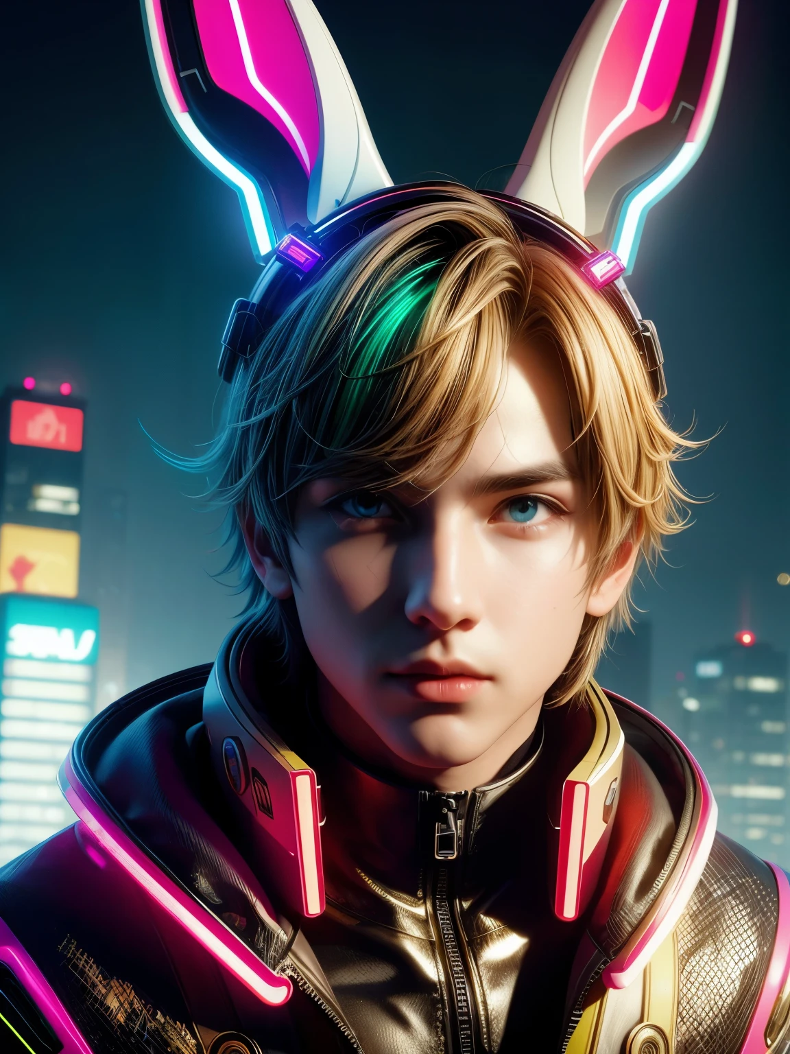 (high quality), (masterpiece), (detailed), 8K, Hyper-realistic illustration of Japanese boy wearing futuristic Shio rabbit attire, (neon accents1.3) on (high-tech, metallic1.2) and ( holographic1.2) details on (rabbit ears headband1.2) and (matching gloves1.2). (Dramatic, neon-lit1.2) background with (cityscape1.2) and (futuristic architecture1.2) elements, highlighting (youthful features1.2) and (expressive eyes1.3) of the boy.