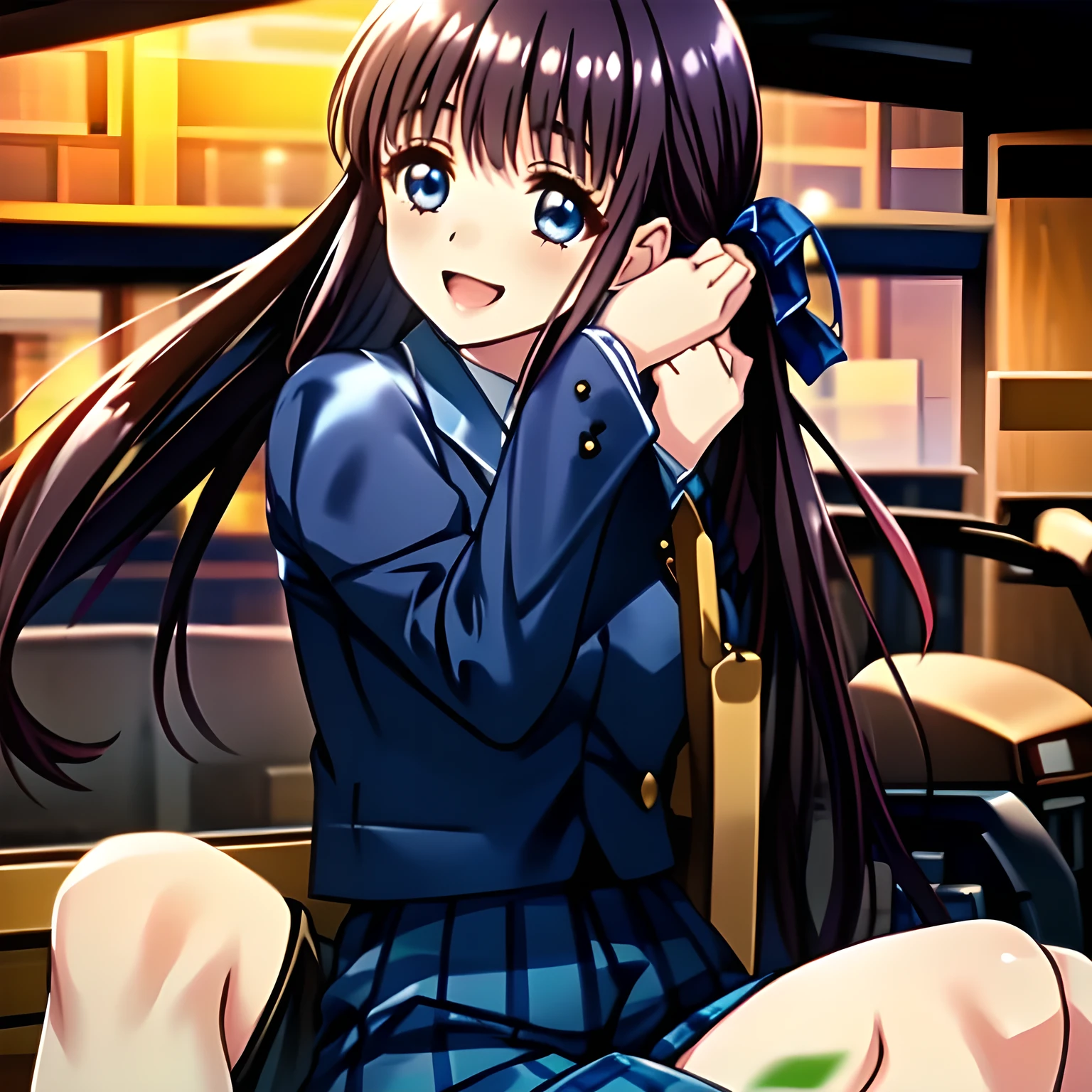 (highest quality, masterpiece, Full HD, High definition: 1.2), (Japanese Game CG art of beautiful giggling seated girl, charming me: 1.3), (Just one very beautiful date-game heroine who is looking and laughing at me, Very detailed cute **** heroine's eyes and face, Beautiful giggling eyes with detailed: 1.0), (Girl whom everyone loves because of her beauty and lovely fashion and noble manner and mind of succubus and magical-charm of succubus: 1.0), (Very beautiful, wavy, cutely shining super-super-long blue hair, with elegant hair ribbons, spreading on whole the screen: 1.0), (Laughing very beautiful and lovely sapphire-blue intelligent cute-eyes which charms and enslave me inevitably, with clearly detailed: 1.4), (Eyes are clearly detailed), (very long eyelashes: 1.0), (Noble black neat sailor-styled formal school uniform with a noble expensive ribbon on the chest: 1.0), (Charming neat blue & navy tartan-checkered pleated long school skirt: 1.5), (Soprano singer of classic music: 1.0), (Can't stop giggling: 1.6), Clear skin, (Glossy Lovely noble atmosphere), (Nothing but pink-wall-paper background with white-flower-marks: 0.8)