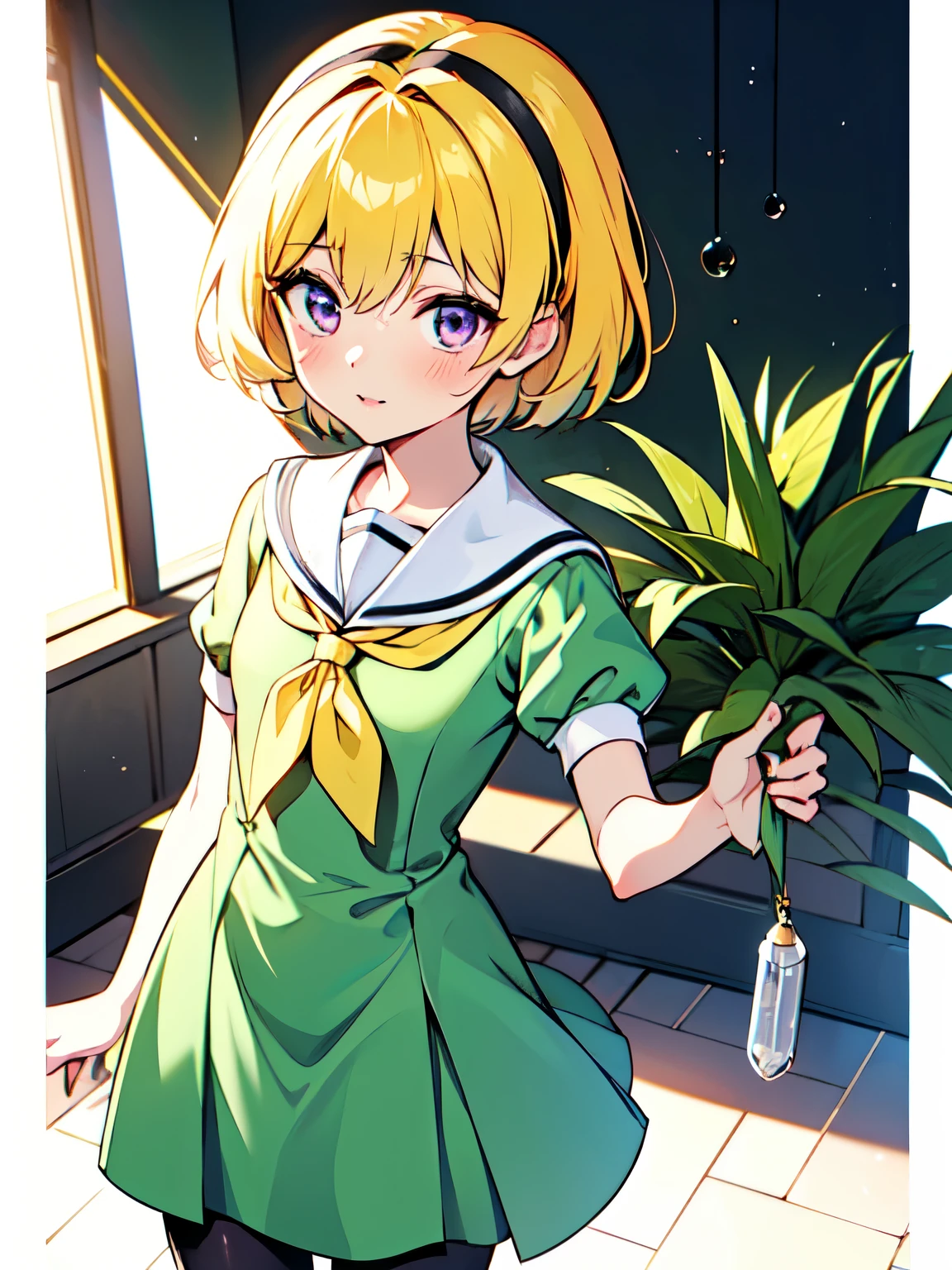 (A woman in backlight), (Satoko Hojo)
, 1 female, alone, Yellow Hair, blonde, Purple eyes, short hair, (hair band), Flat Chest, , Green Dress,White sailor collar,Yellow neckerchief,Short sleeve,Puff sleeves,Black Pantyhose,Flat Chest, , modern