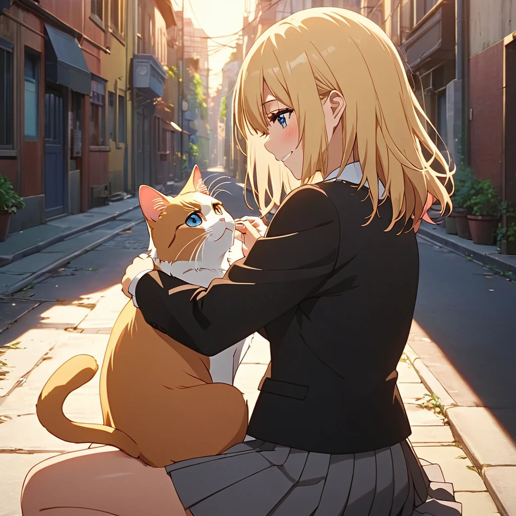 olivia, 1girl, blonde hair, medium hair, blue eye, school uniform, Grey pleated skirt, Red ribbon, Black jacket, evening、The setting sun shines beautifully on the girl、classroom、smile break anime screencaps,  masterpiece、hasselblad, 16K, highres, super details, uhd, masterpiece、Beautiful attention to detail:1.2, Perfect lighting, (perfect hand, perfect anatomy), Precise depiction、Vibrant colors