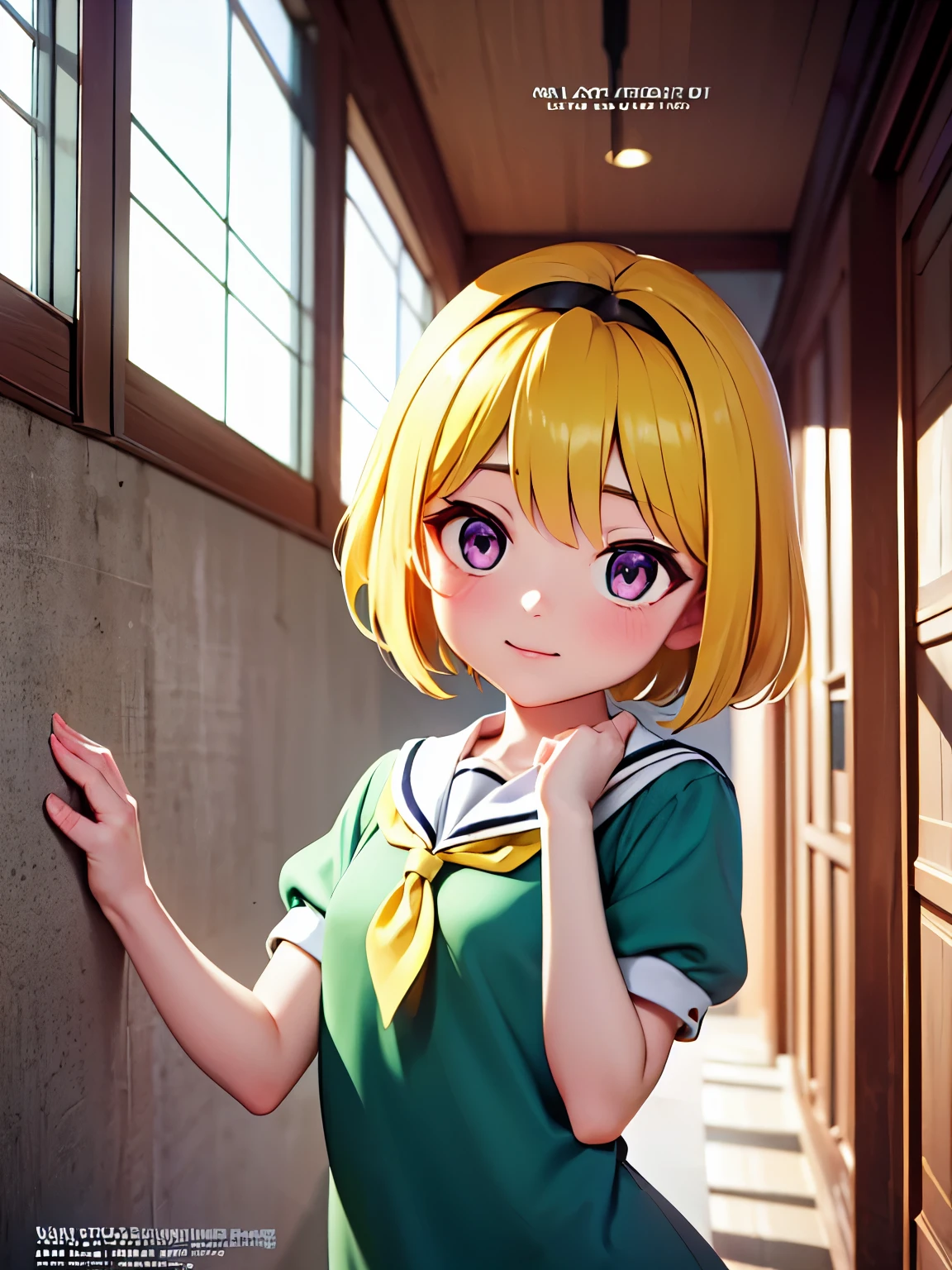 (A woman in backlight), Satoko Hojo
, 1 female, alone, Yellow Hair, blonde, Purple eyes, short hair, hair band, Flat Chest, , Green Dress,White sailor collar,Yellow neckerchief,Short sleeve,Puff sleeves,Black Pantyhose,Flat Chest, , Movie poster image