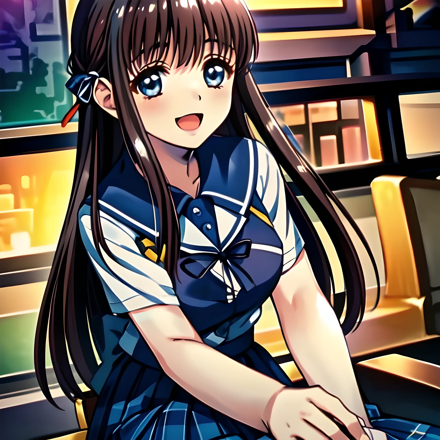 (highest quality, masterpiece, Full HD, High definition: 1.2), (Japanese Game CG art of beautiful giggling seated girl, charming me: 1.3), (Just one very beautiful date-game heroine who is looking and laughing at me, Very detailed cute yo heroine's eyes and face, Beautiful giggling eyes with detailed: 1.0), (Girl whom everyone loves because of her beauty and lovely fashion and noble manner and mind of succubus and magical-charm of succubus: 1.0), (Very beautiful, wavy, cutely shining super-super-long blue hair, with elegant hair ribbons, spreading on whole the screen: 1.0), (Laughing very beautiful and lovely sapphire-blue intelligent cute-eyes which charms and enslave me inevitably, with clearly detailed: 1.4), (Eyes are clearly detailed), (very long eyelashes: 1.0), (Noble black neat sailor-styled formal school uniform with a noble expensive ribbon on the chest: 1.0), (Charming neat blue & navy tartan-checkered pleated long school skirt: 1.5), (Soprano singer of classic music: 1.0), (Can't stop giggling: 1.6), Clear skin, (Glossy Lovely noble atmosphere), (Nothing but pink-wall-paper background with white-flower-marks: 0.8)