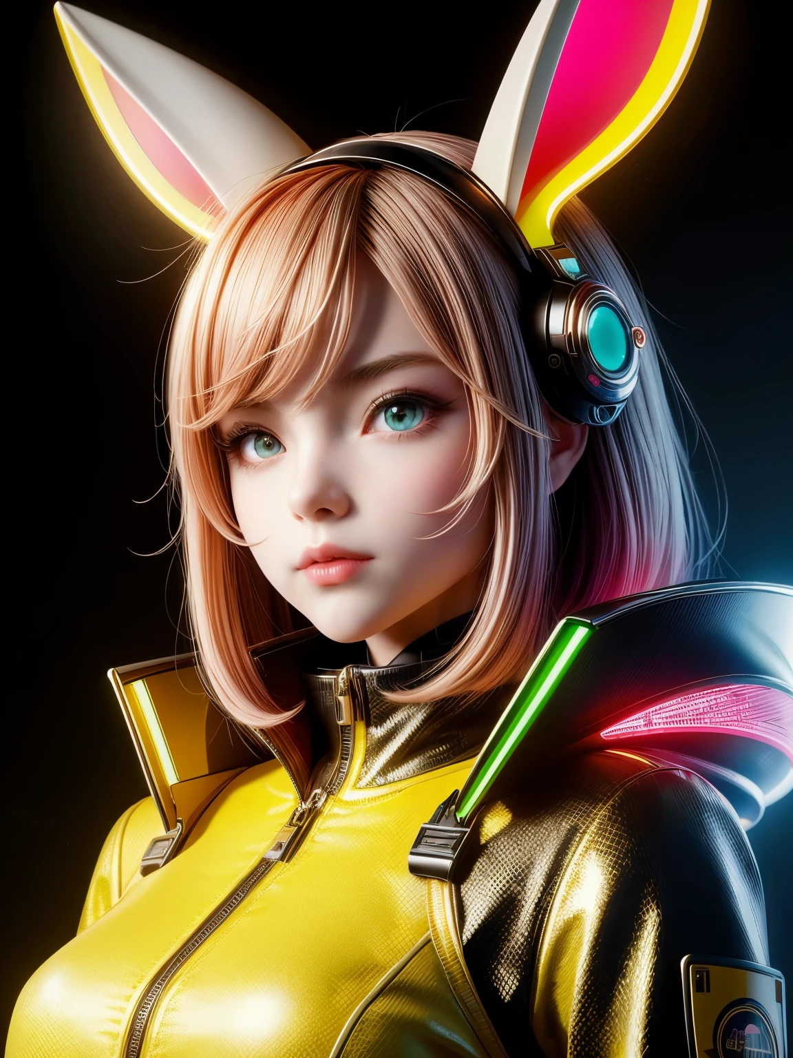 (high quality), (masterpiece), (detailed), 8K, Hyper-realistic illustration of Japanese girl wearing futuristic Shio rabbit attire, (neon accents1.3) on (high-tech, metallic1.2) and (holographic1.2) details on (rabbit ears headband1.2) and (matching gloves1.2). (Sleek, metallic1.2) accents on (futuristic, high-collared1.2) jacket, highlighting (youthful features1.2) and (expressive eyes1.3) of the girl, set against a (dark, gradient background1.2) with (neon-lit cityscape1.2) elements.