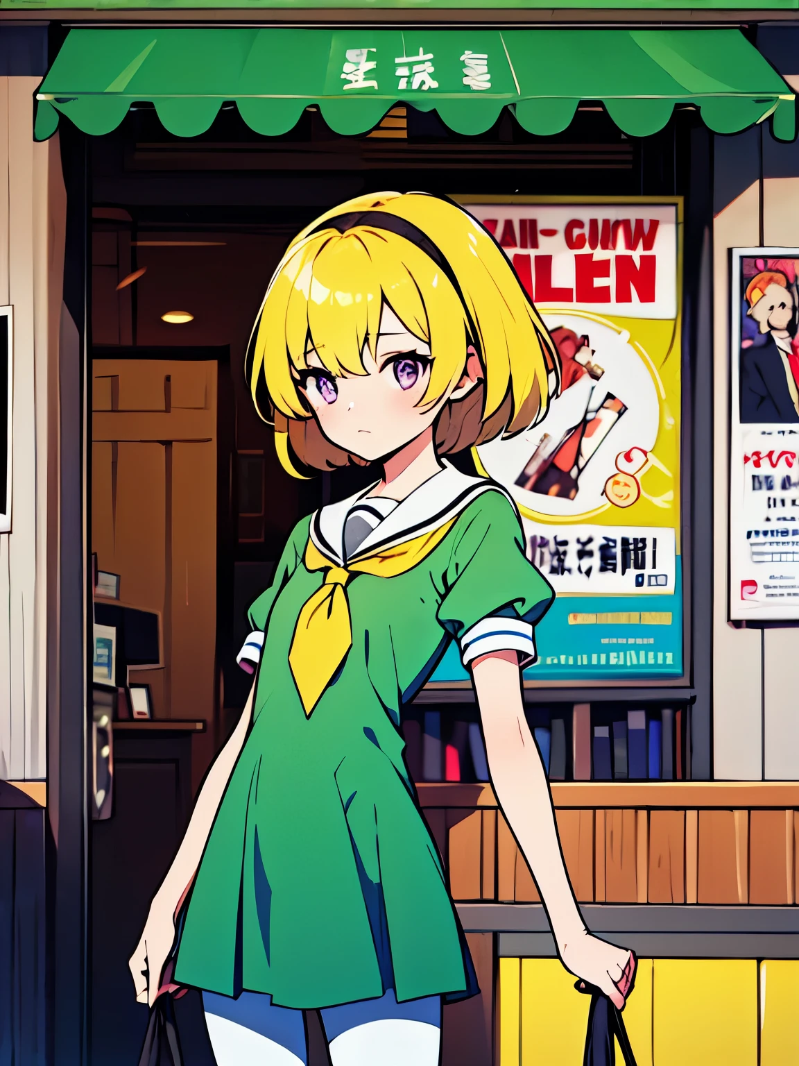 (A woman in backlight), Satoko Hojo
, 1 female, alone, Yellow Hair, blonde, Purple eyes, short hair, (hair band), Flat Chest, , Green Dress,White sailor collar,Yellow neckerchief,Short sleeve,Puff sleeves,Black Pantyhose,Flat Chest, , Movie poster image