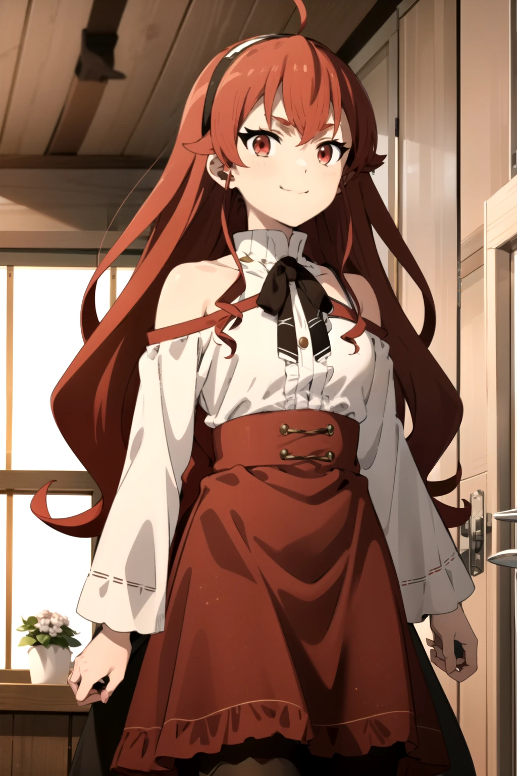 Highest quality, (masterpiece:1.2), detailed,
Ellis Boreas Greyrat,
Mouth closed, A light smile,
Long Hair, Redhead, Ahoge, Red eyes, Black hair band,
White Dress, Exposing shoulders, Neck ribbon, Black Ribbon, Brown Skirt, Long sleeve,
Are standing, Looking at the audience,
indoor, window