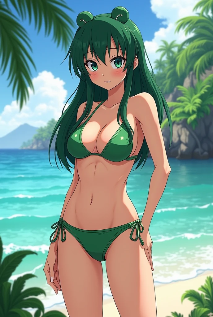 (masterpiece),4k, (ultra realistic), (best quality), (high detailed face),sexy, 1girl, a beautiful japanese girl standing into the river, slim, long legs, (bikini), (black stocking), (pubic hair), (green hair, green eyes), (front view), (ultra detailed body), (ultra detailed hair), (high detailed hands), photorealistic
