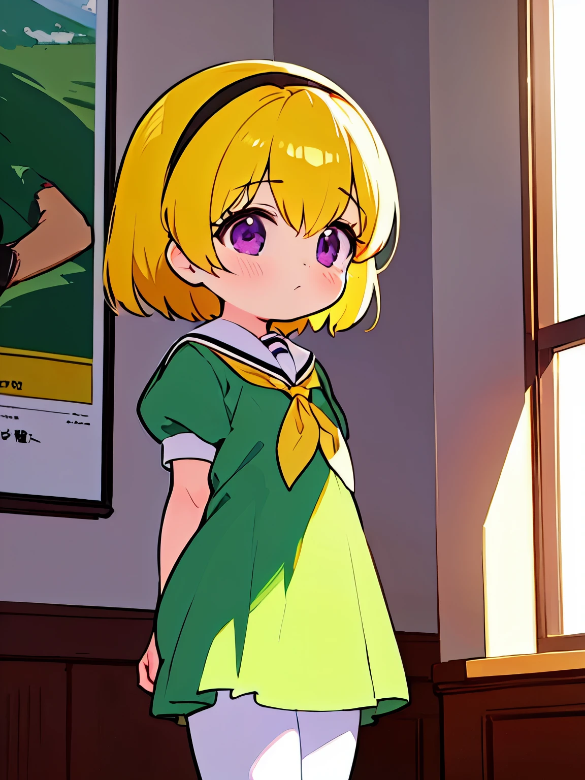 (A woman in backlight), Satoko Hojo
, 1 female, alone, Yellow Hair, blonde, Purple eyes, short hair, hair band, Flat Chest, , Green Dress,White sailor collar,Yellow neckerchief,Short sleeve,Puff sleeves,Black Pantyhose,Flat Chest, , Movie poster image