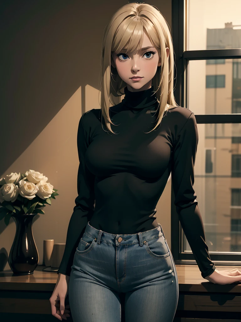 (best quality), 1girl, female, porcelain skin, blonde hair, straight hair, bangs, medium hair, swoopy tips, brown eyes, perfect eyes, black turtleneck, jeans, skinny body, petite, small bust, shy, masterpiece, anatomically correct, highres
