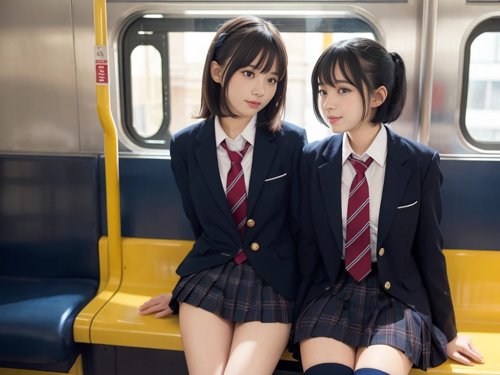((Highest quality)), (detailed), 1 Japan, ass pov, school girl, in a train, sitting on a seat, (long seat:1.5), Beautiful Skin, Double eyelids, camel toe, navy pleated skirt, spread legs, (exposured panties:1.4), panty pull, blush, (smile:0.8), embarrassed, realistic