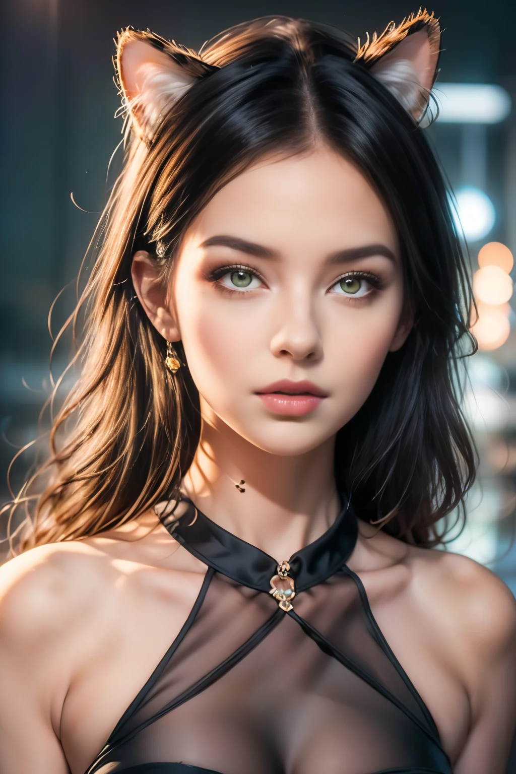 A beautiful young woman，Wearing cat ears，Wearing cat-themed clothing, Detailed facial features, Eye-catching eyes, Full lips, Long eyelashes, Elegant Posture, Radiant Skin, Exquisite cat eye makeup, Mysterious Gothic style, Dramatic Lighting, Film composition, Surrealism, 8K, high resolution, Reality, Smooth Shadows, Bright colors, Dramatic Lighting, Concept art style, number