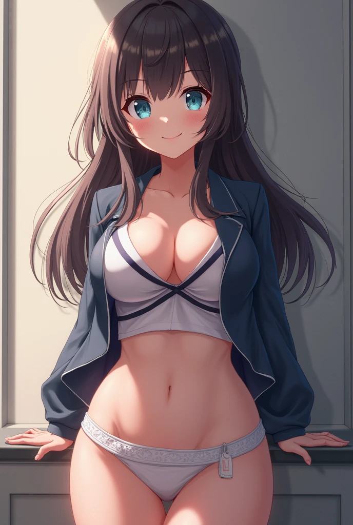 masterpiece, Highest quality, Cute girl,Small breasts, Skinny,hair ornaments, Twin tails,Large areola,Erect nipples,Fullback panties,cardigan,,Lace pattern stockings, necklace, skinny ,,((Showing panties)),