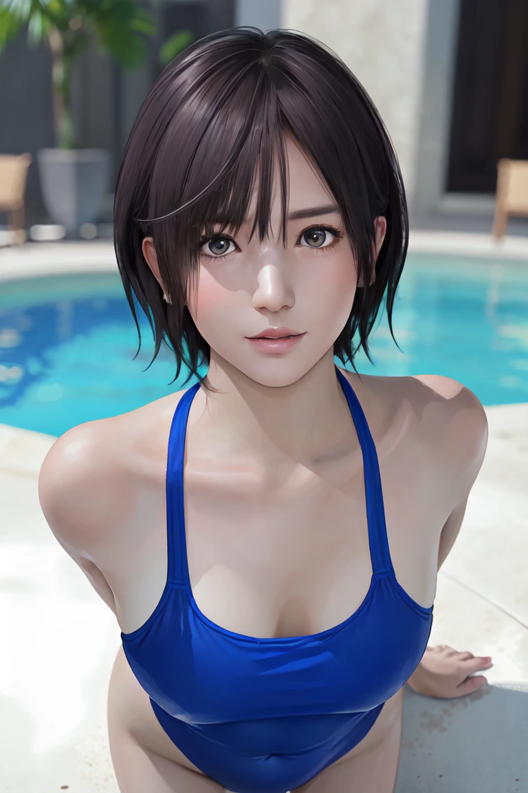 Nagisa, (Representative works:1.3)、(8k、Realistic、RAW Photos、Best image quality:1.4)、Small face、Beautiful Face、(Realistic Face)、(Swimsuit)、athlete swimsuit、Natural Makeup、light makeup、 (Dark brown、short hair:1.3)、Beautiful hairstyle、Realistic eyes、Beautiful attention to detail、 (Realisticな肌)、Beautiful Skin、Poolside、Sexy pose、Depicts the entire body、Full body portrait、looking at the camera、shy、Beautiful depiction of fingertips、Beautiful depiction of the toes