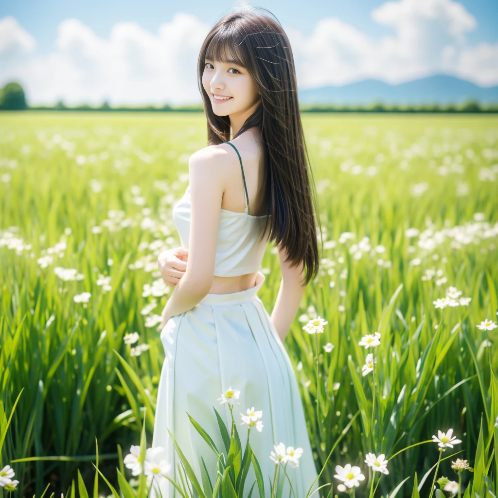 masterpiece, best quality, Ultra-high resolution, detailed illustration, portrait, detailed, 1 girl standing in a wheat field, Solitary, Long hair, skirt, flower, White Hanfu, Smile, whole body, white flower, Bare shoulders, very Long hair, Light green hair, Shut up, For the audience, Bangs,standing, blurred background, 