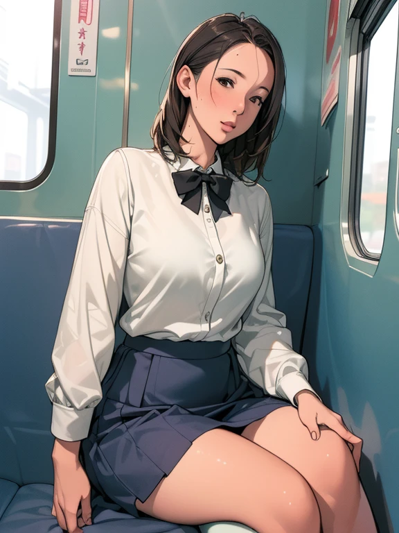 ((Highest quality,High resolution,Very detailed)), (Sharp details, Written boundary depth), real photo style, Mature Woman, ((Sit facing forward)), sitting on a long train seat, Sitting on the seat, posing for a commemorative photo, ((Chair to sit under skirt)), View from the opposite seat, Inside a commuter train, The back of the woman&#39;s head is against the window glass., Slightly low angle shot, ((Holding the hem of her skirt with her hands)), Summer knit dress with cut-out neckline, Exquisite and sophisticated features, Confused expression, Black Hair, Japanese women, Dark brown eyes, double eyelid, , She wears sexy white lace panties over her tights, Tights in tights。