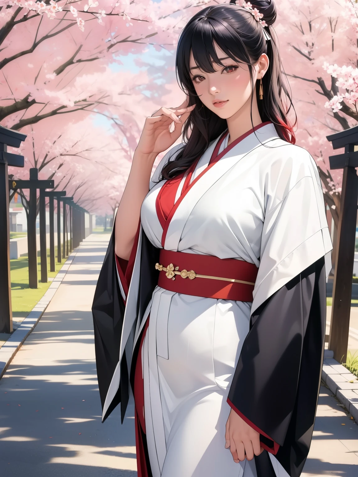 (Highest quality,4K,8k,高解picture度,masterpiece:1.2),Very detailed,(Realistic,photoRealistic,photo-Realistic:1.37), Two Girls, black kimono, Black legwear, black ribbon, Black Hair, cherry blossoms, Day, flower, Hair Bun, hair ribbon, kimono, kimono, Long Hair, View your viewers, Recall , Multiple Girls, belt, Outdoor, Red eyes, Redhead, ribbon, Sandals, Single Pan, stage, Are standing, picture, torii, wood, white kimono, Yellow Eyes