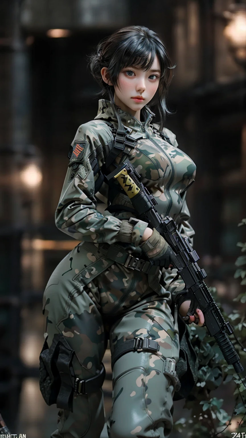 illustration, ((best work)), ((very detailed))l, beautiful woman, black purple hair, medium breasts, army uniform, green camouflage, trousers, angry face, m_16 machine gun, unreal machine, body anatomy perfect, background, shop street, intricate, ultra hd, highly detailed, realistic, 8k resolution