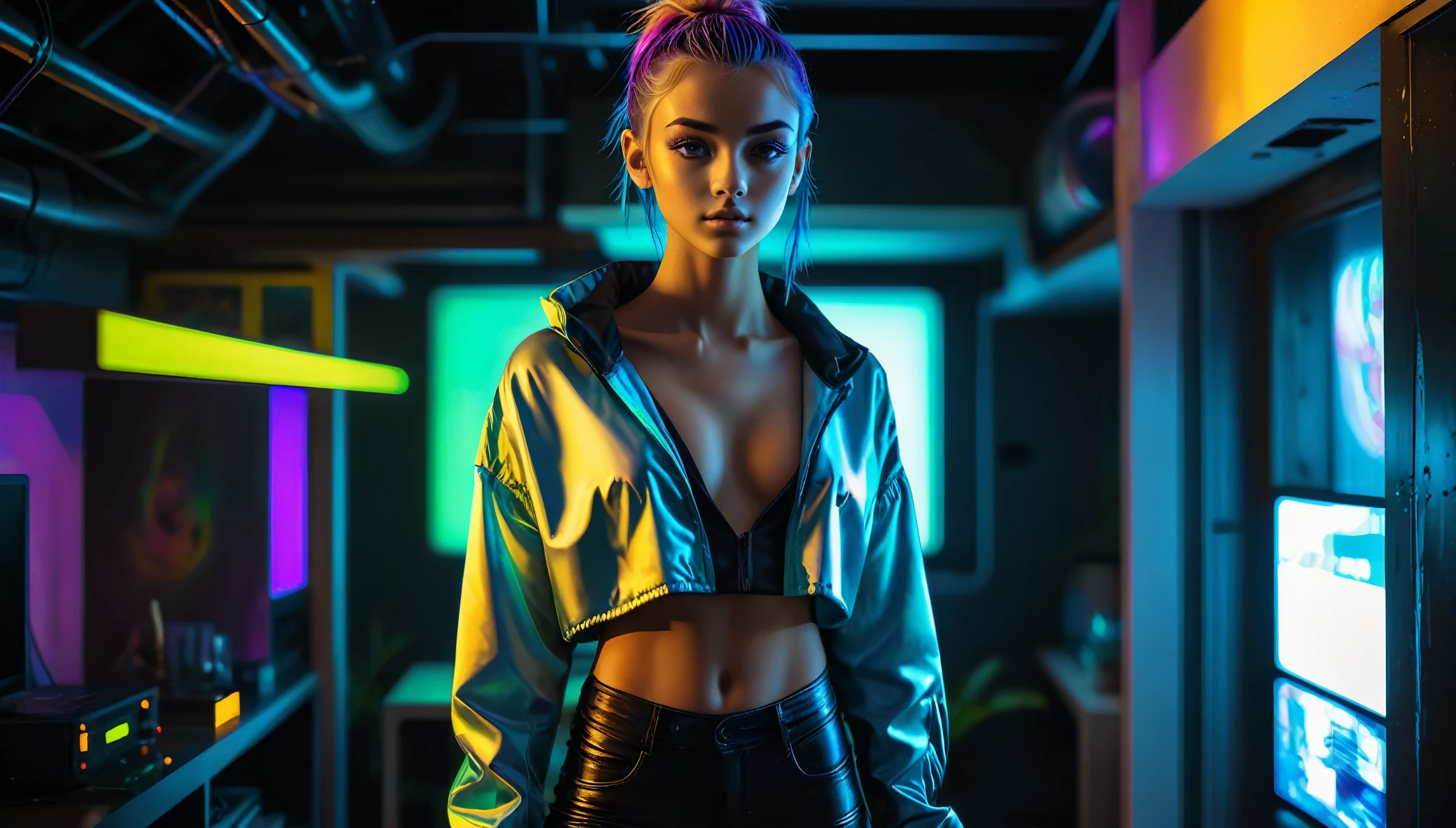Top Quality, Masterpiece, High Resolution, 8k, (cute skinny barely legal girl ((((in oversized loose thin silky puffer crop shirt with plunging neckline, deep cleavage, deep neckline)))) and wetlook leggings, ((very large DD perky breasts)), beautiful detailed eyes, beautiful detailed lips, small closed mouth, extremely detailed face, tanned skin, long slick ponytail hair, small hips, some tattoos, very young girl, teenage girl), (((in cyberpunk apartment))), (random neon colors), futuristic setting, intricate details, at night, backlit, full body shot