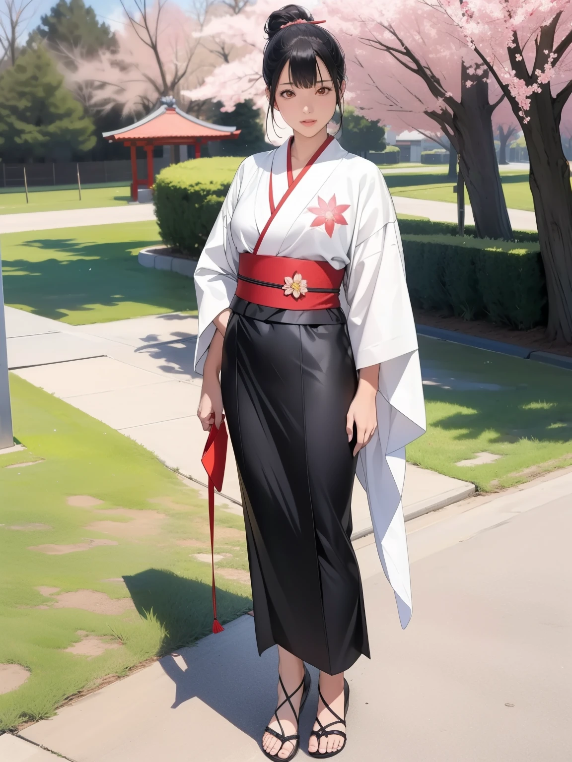 (Highest quality,4K,8k,高解picture度,masterpiece:1.2),Very detailed,(Realistic,photoRealistic,photo-Realistic:1.37), Two Girls, black kimono, Black legwear, black ribbon, Black Hair, cherry blossoms, Day, flower, Hair Bun, hair ribbon, kimono, kimono, Long Hair, View your viewers, Recall , Multiple Girls, belt, Outdoor, Red eyes, Redhead, ribbon, Sandals, Single Pan, stage, Are standing, picture, torii, wood, white kimono, Yellow Eyes