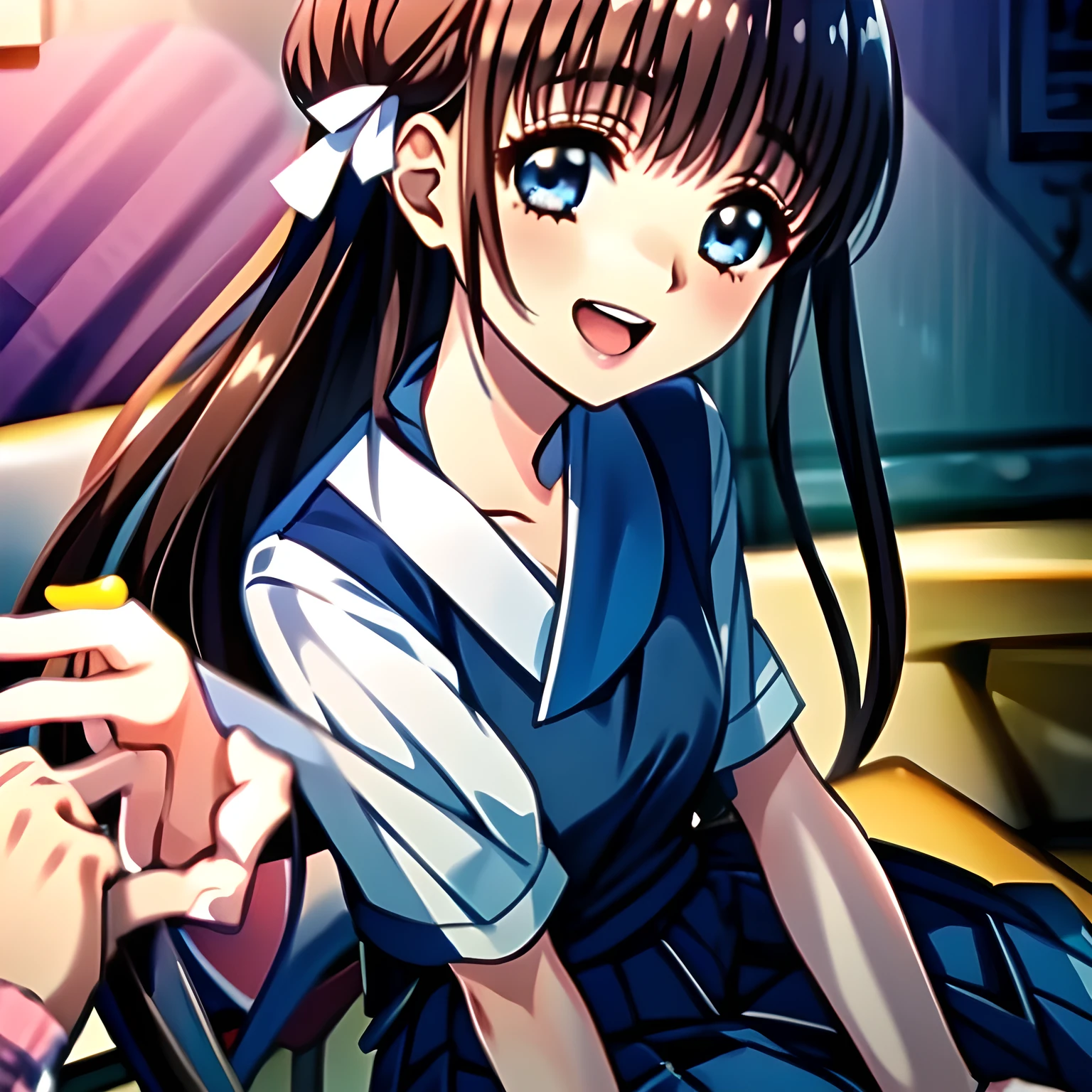 (highest quality, masterpiece, Full HD, High definition: 1.2), (Japanese Game CG art of beautiful giggling seated girl, charming me: 1.3), (Just one very beautiful date-game heroine who is looking and laughing at me, Very detailed cute **** heroine's eyes and face, Beautiful giggling eyes with detailed: 1.0), (long bottom-eyelashes: 1.0), (Girl whom everyone loves because of her beauty and lovely fashion and noble manner and mind of succubus and magical-charm of succubus: 1.0), (Very beautiful, wavy, cutely shining super-super-long blue hair, with elegant hair ribbons, spreading on whole the screen: 1.0), (Laughing very beautiful and lovely sapphire-blue intelligent cute-eyes which charms and enslave me inevitably, with clearly detailed: 1.4), (Eyes are clearly detailed), (very long eyelashes: 1.0), (Noble black neat sailor-styled formal school uniform with a noble expensive ribbon on the chest: 1.0), (Charming neat blue & navy tartan-checkered pleated long school skirt: 1.5), (Soprano singer of classic music: 1.0), (Can't stop giggling: 1.6), Clear skin, (Glossy Lovely noble atmosphere), (Nothing but pink-wall-paper background with white-flower-marks: 1.2)